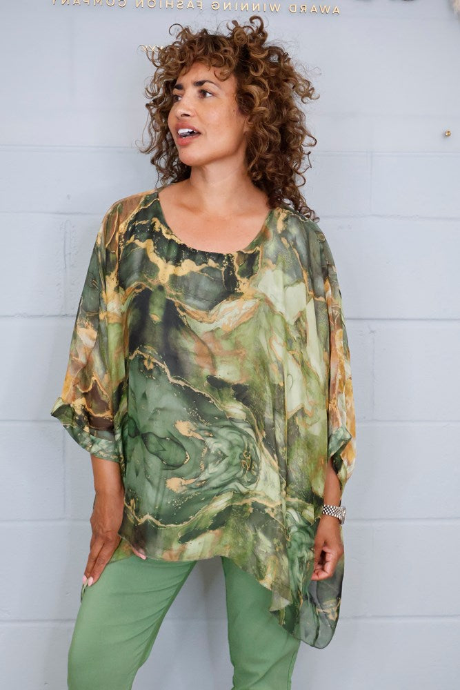 Goose Island Silk Abstract Marble-Print Top in Green