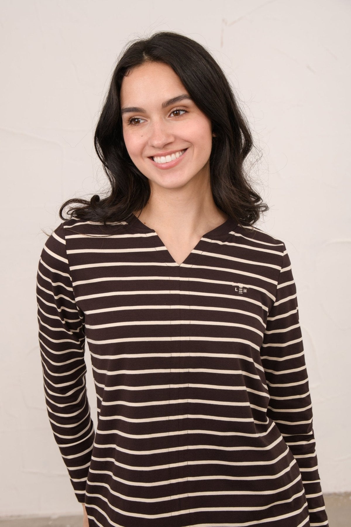 Lighthouse Sorcha women’s cotton stretch jersey top in Cocoa Cream Stripe