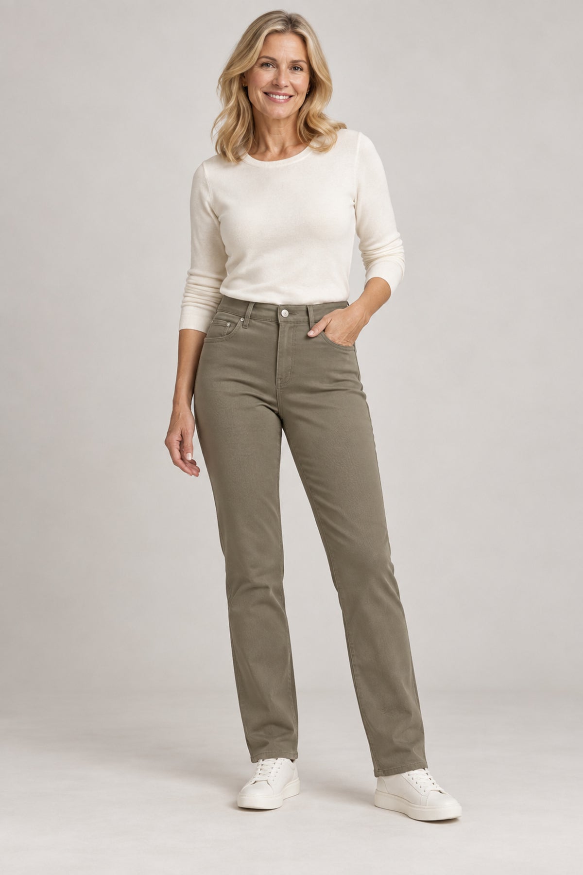 PINNS 785T four-way stretch slim straight-leg trousers in khaki