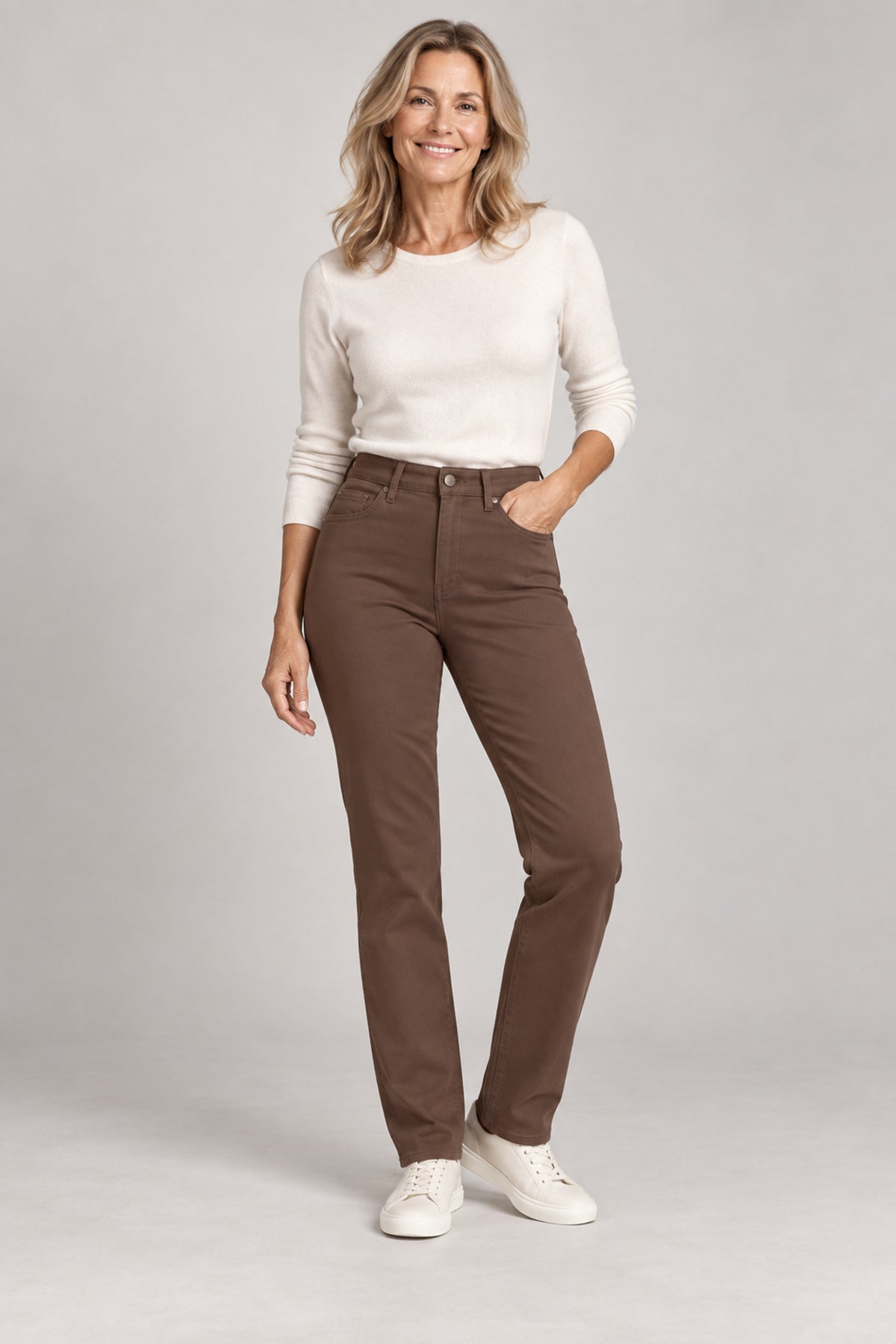 PINNS 785T four-way stretch slim straight-leg trousers in milk chocolate