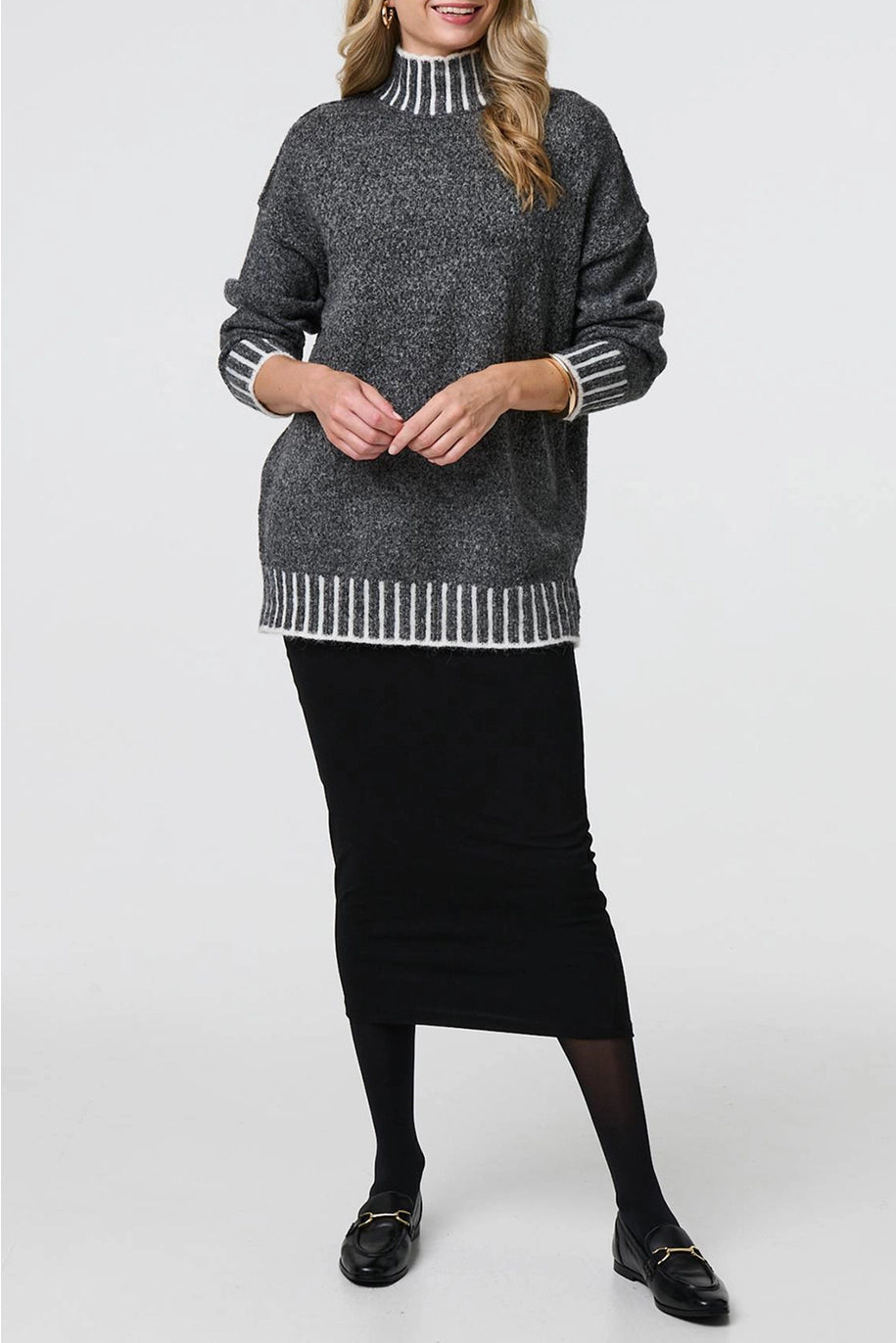 Striped Trim High Neck Relaxed Jumper image 1