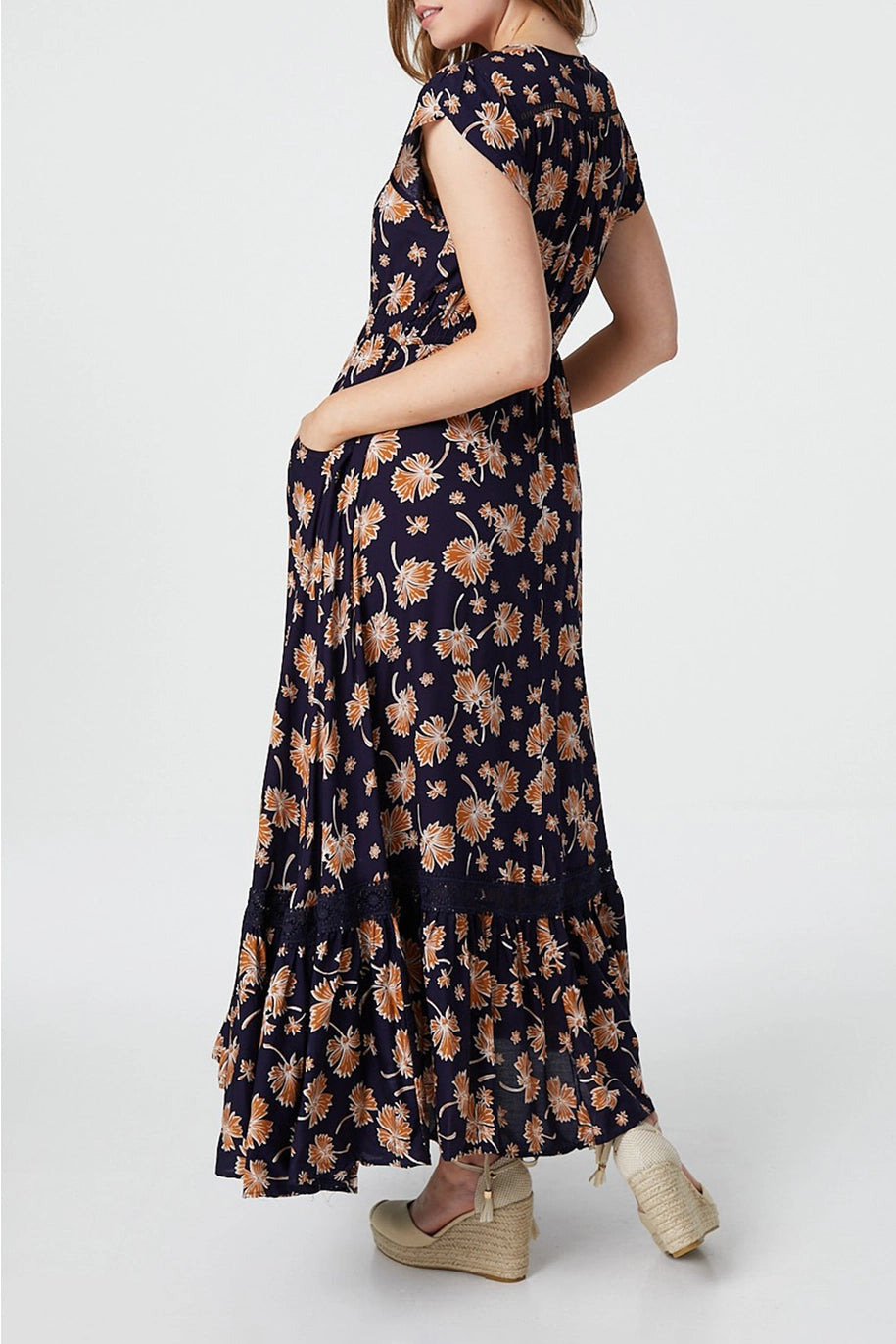 Floral Lace Trim Cap Sleeve Maxi Dress image 1