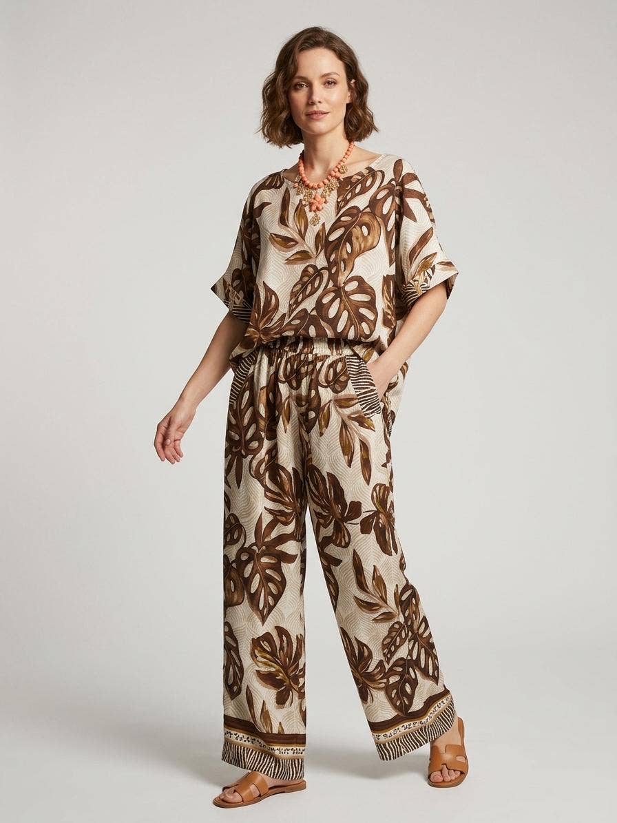 Tropical Leaf Print Wide-Leg Pant and Top Set