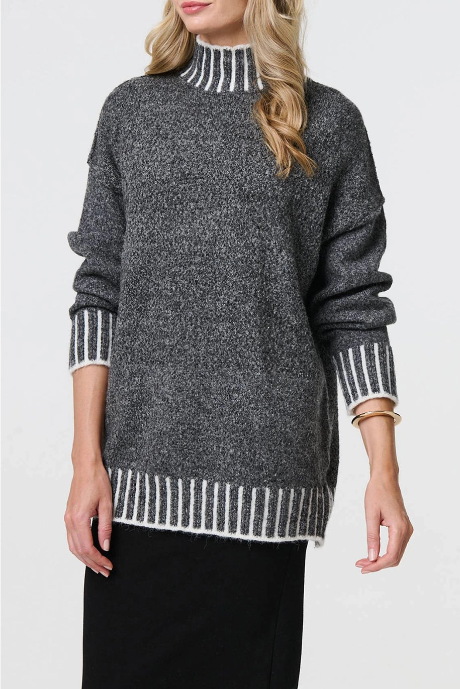 Striped Trim High Neck Relaxed Jumper image 0