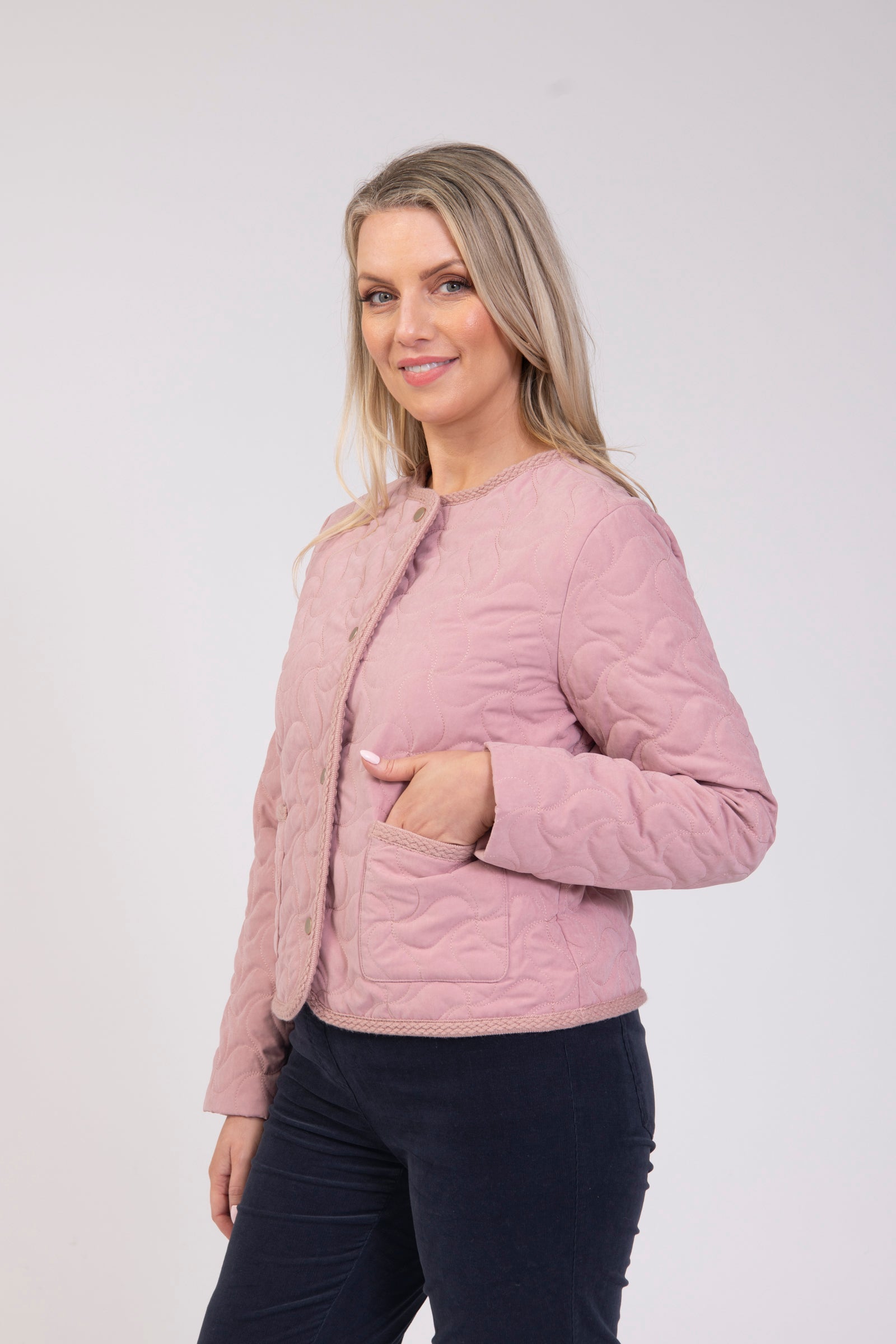 Jessica Graaf quilted pink jacket side view