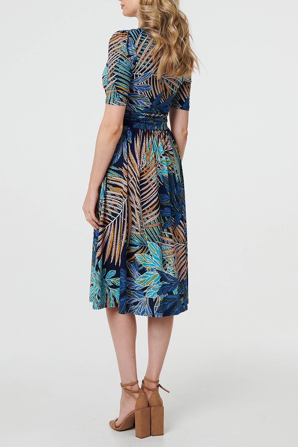 Tropical Ruched Waist Wrap Midi Dress - The Coastal Boutique