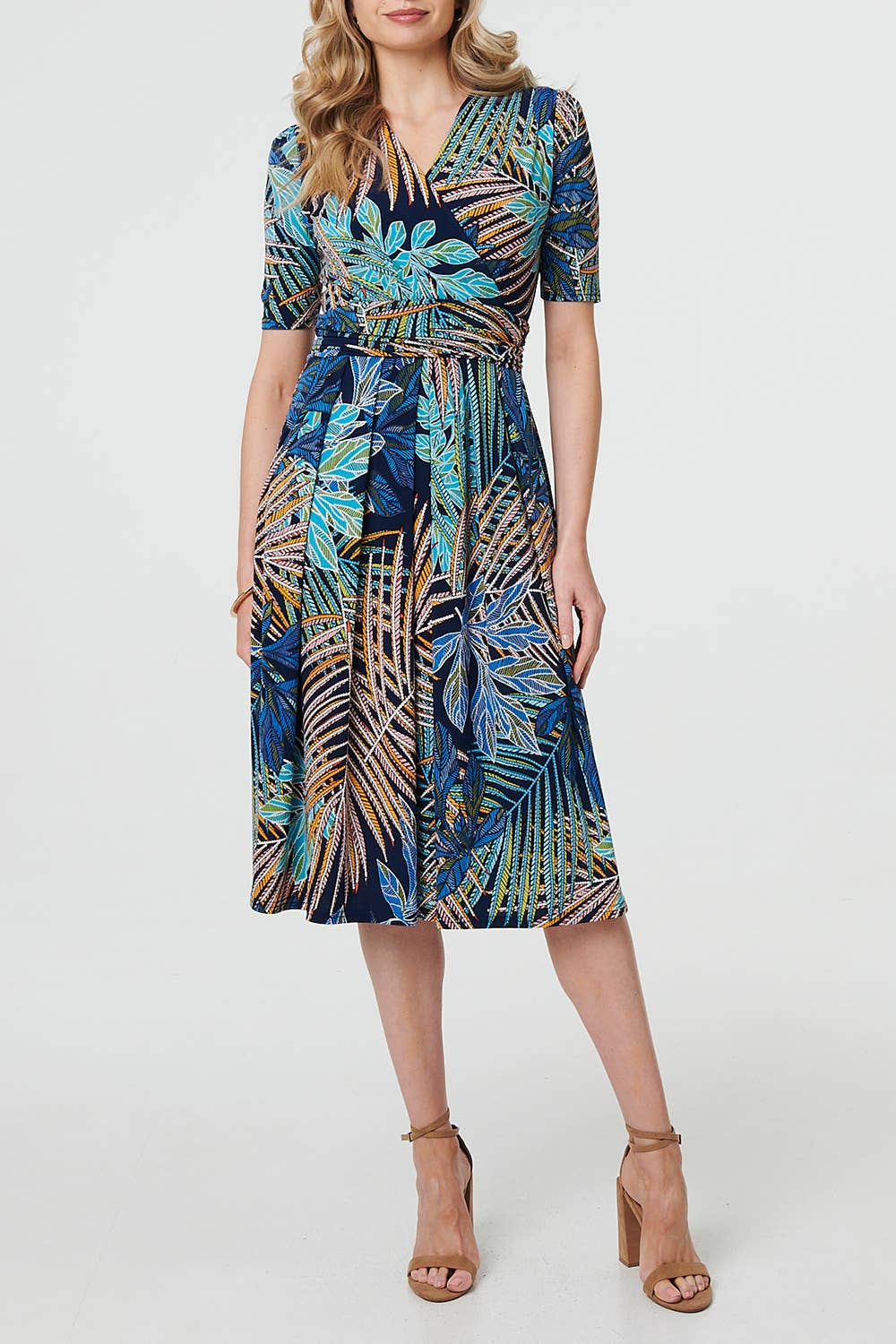 Tropical Ruched Waist Wrap Midi Dress - The Coastal Boutique