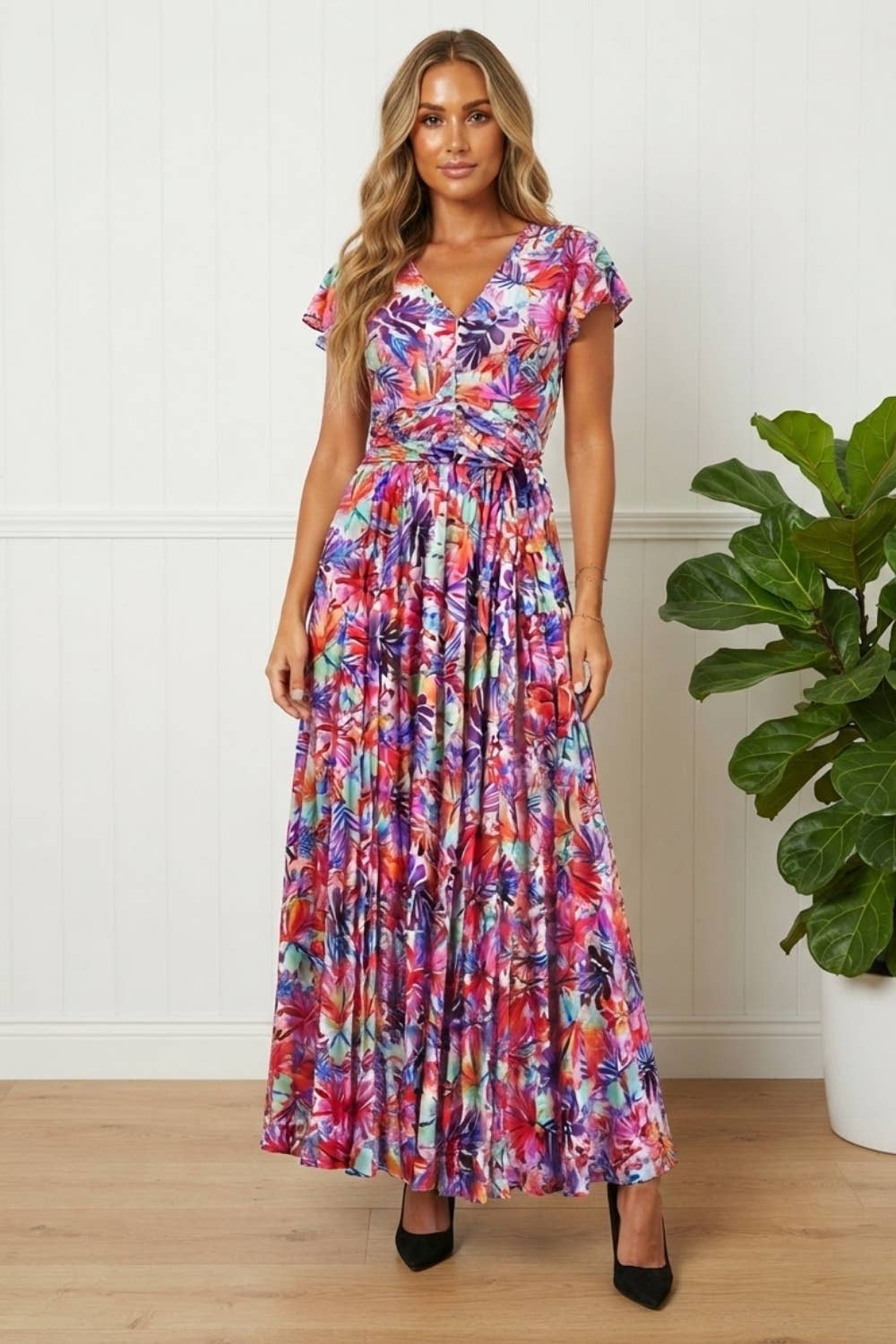 Stella London pink floral ruched cap-sleeve maxi dress front view