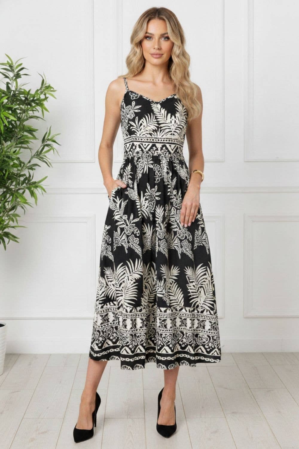 Printed shirred cami strap midi dress in black with square neck and pockets