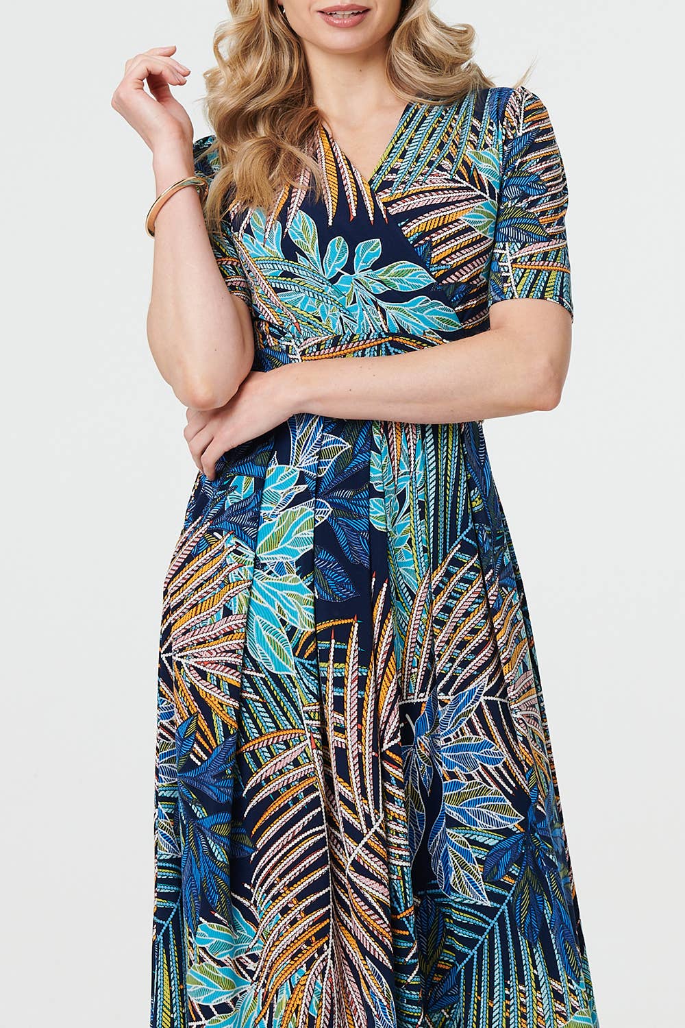 Tropical Ruched Waist Wrap Midi Dress - The Coastal Boutique