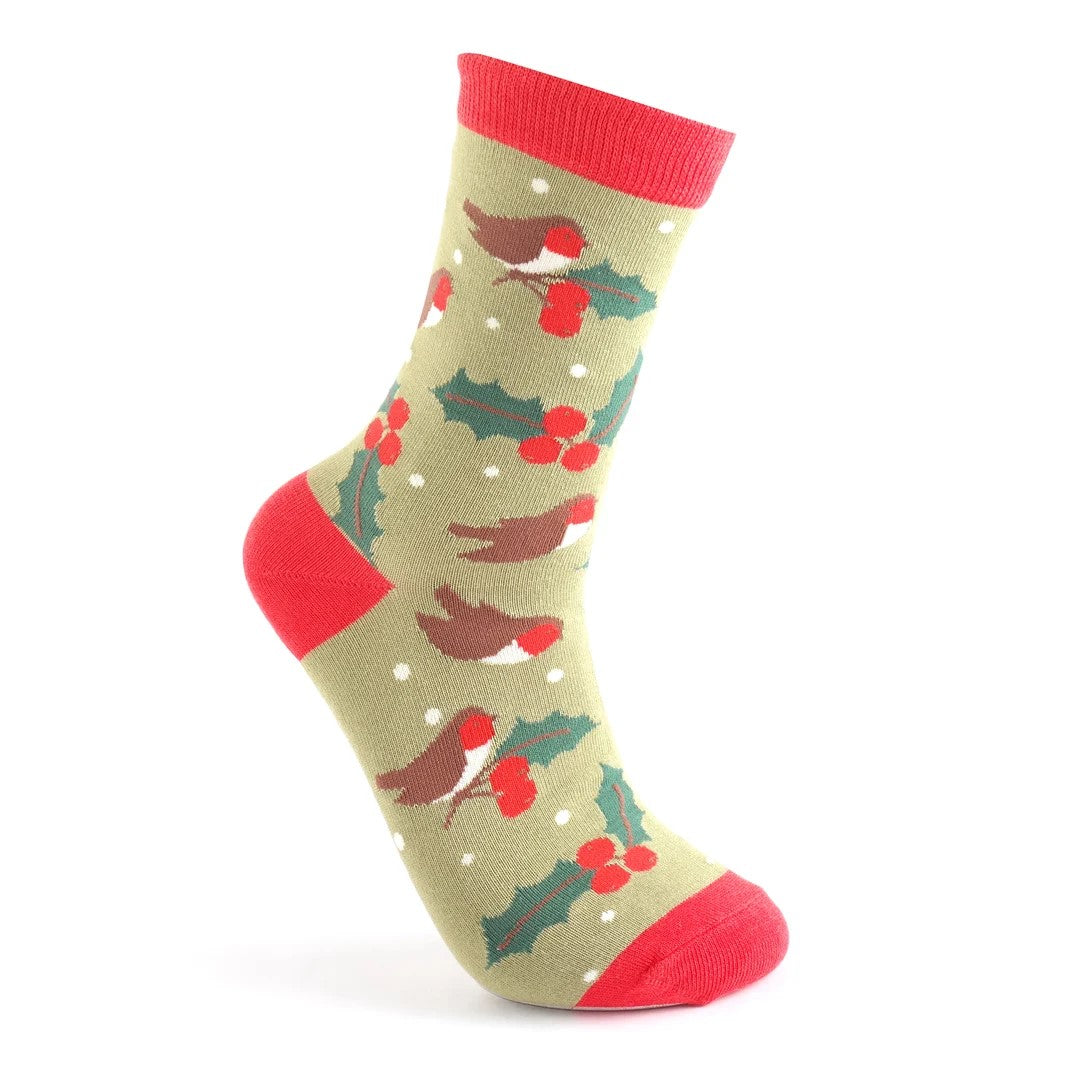Women's Bamboo Socks - Christmas Robin Holly image 2