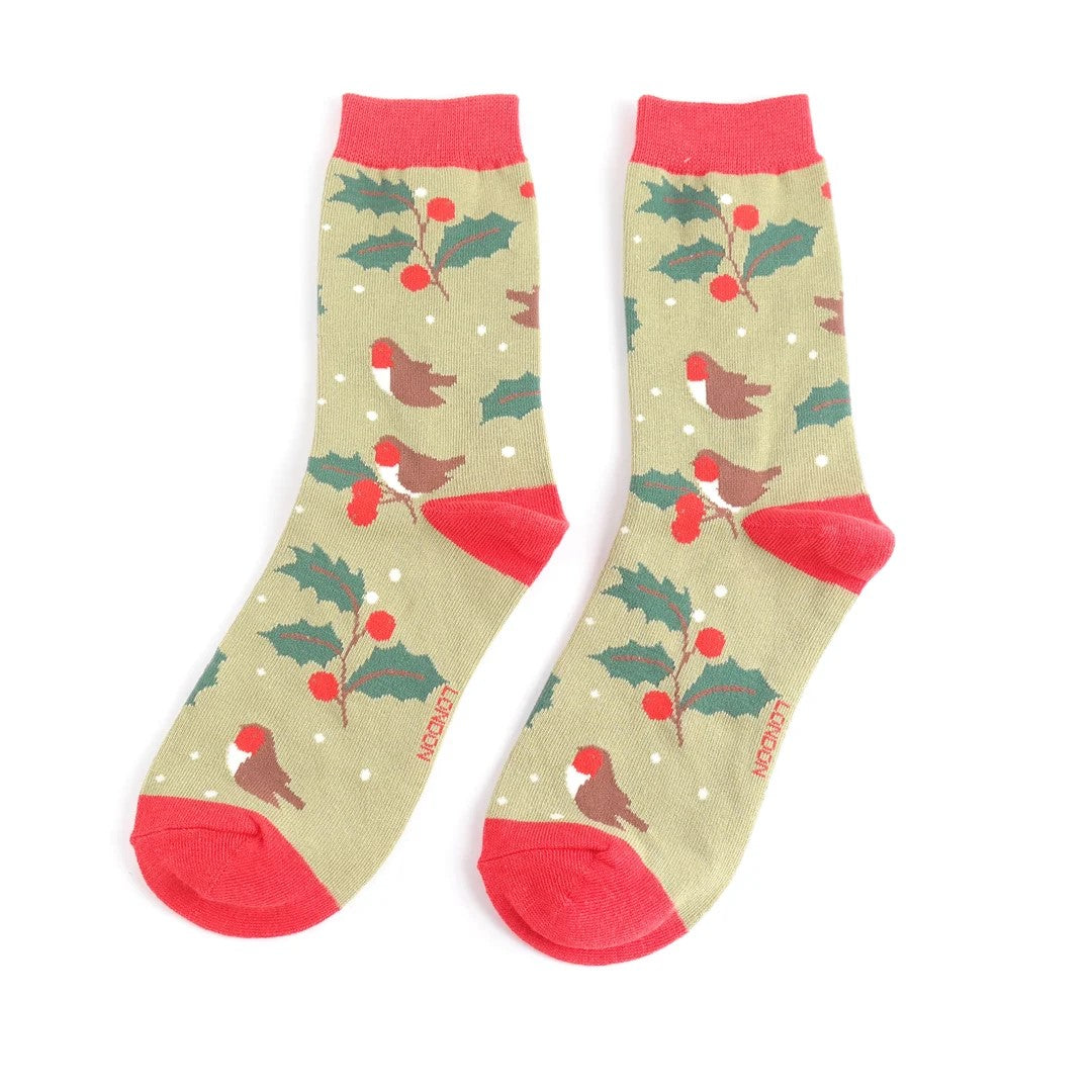 Women's Bamboo Socks - Christmas Robin Holly image 0