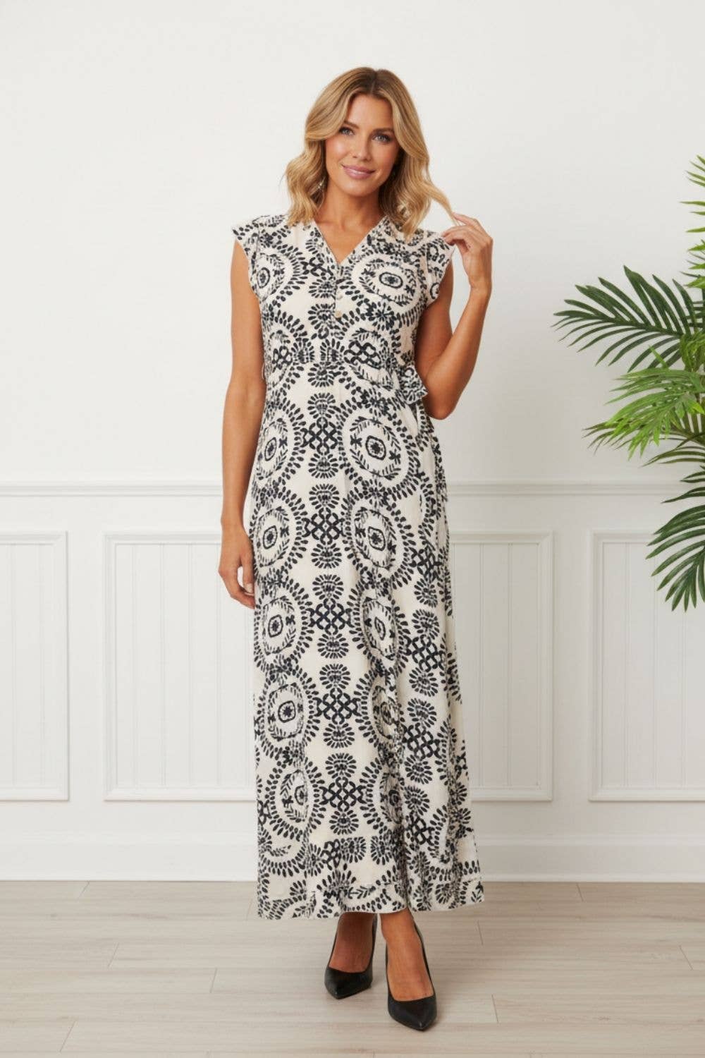 Printed shirred cami strap midi dress in black with square neck and pockets