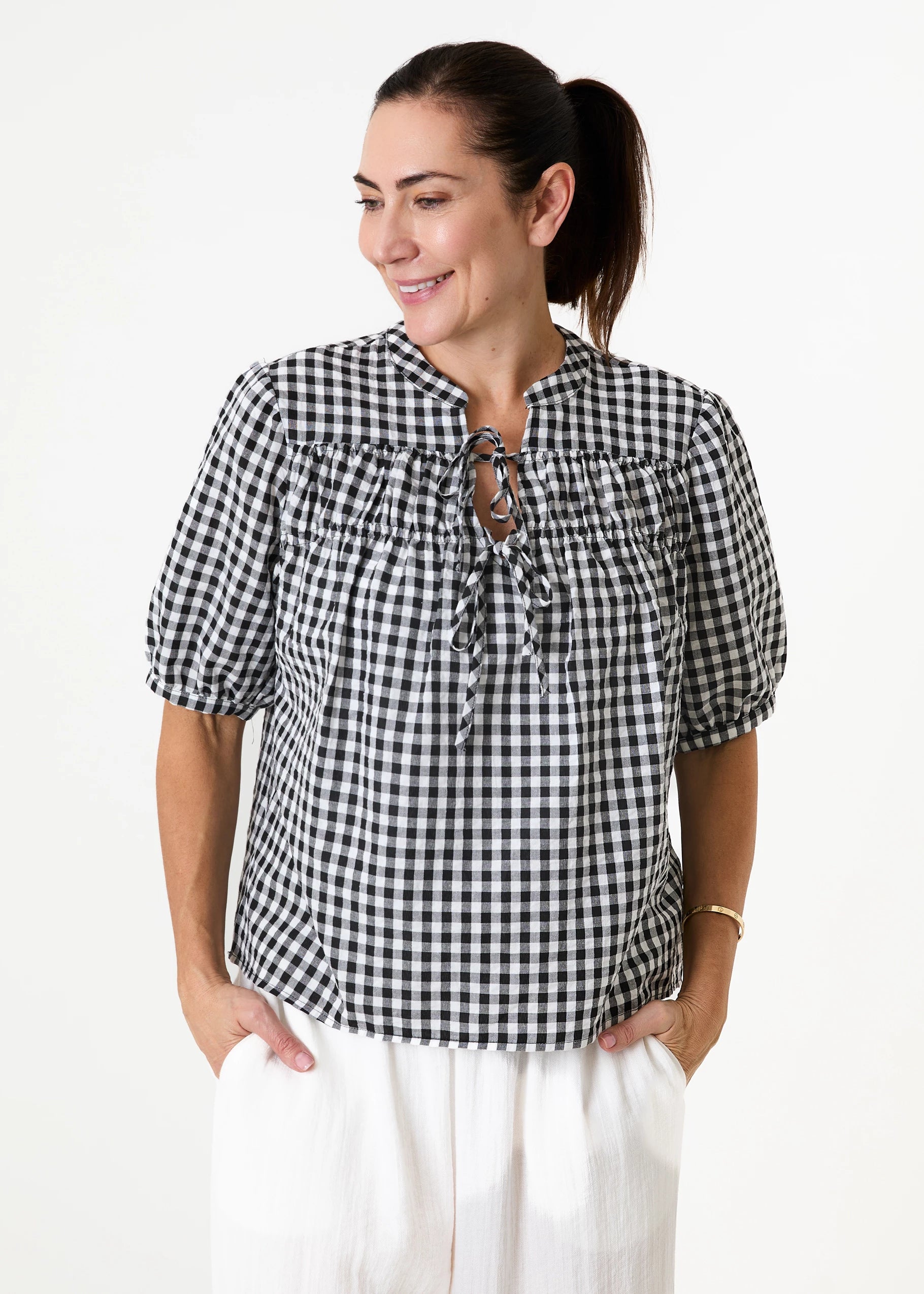 Dreams Gingham Tie Neck Blouse - The Coastal Boutique