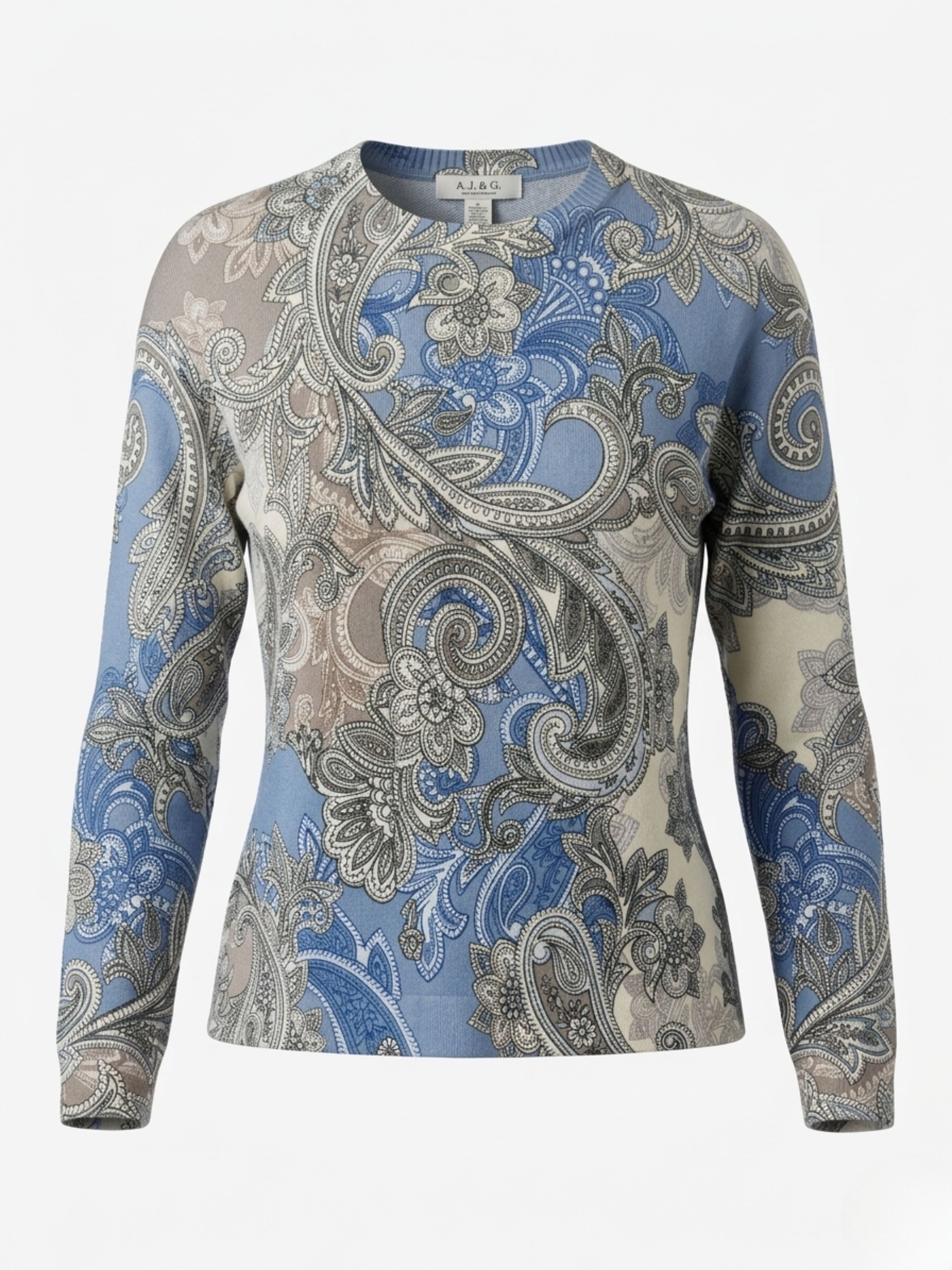 Alice Collins Esme Paisley Jumper in blue, cream and fawn