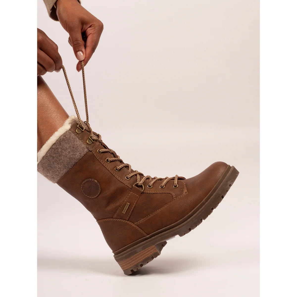 Cambridge tan waterproof calf boot with faux-fur cuff and lace-up front