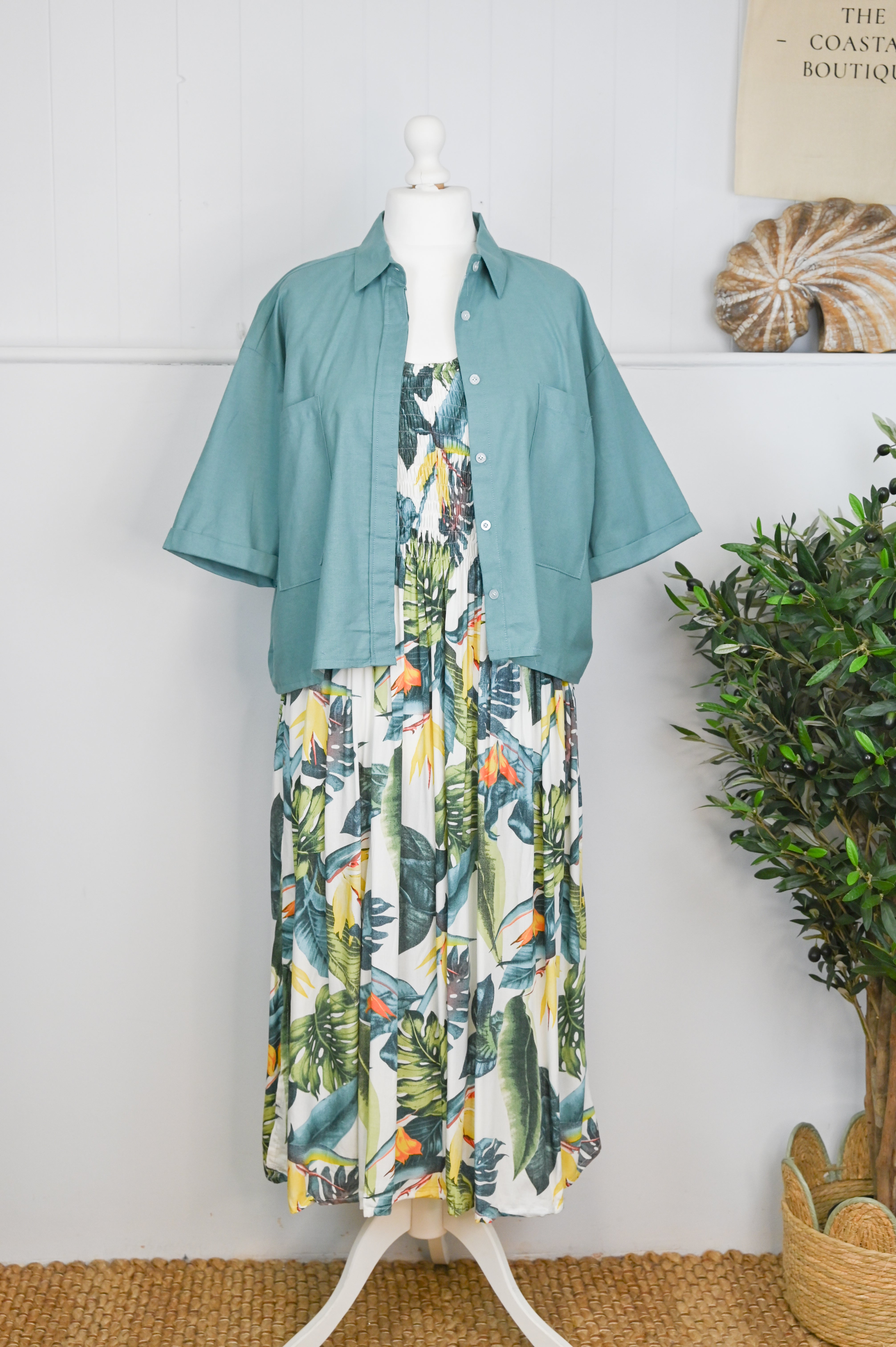 Tropical Botanic Leaf Print Bali Dress