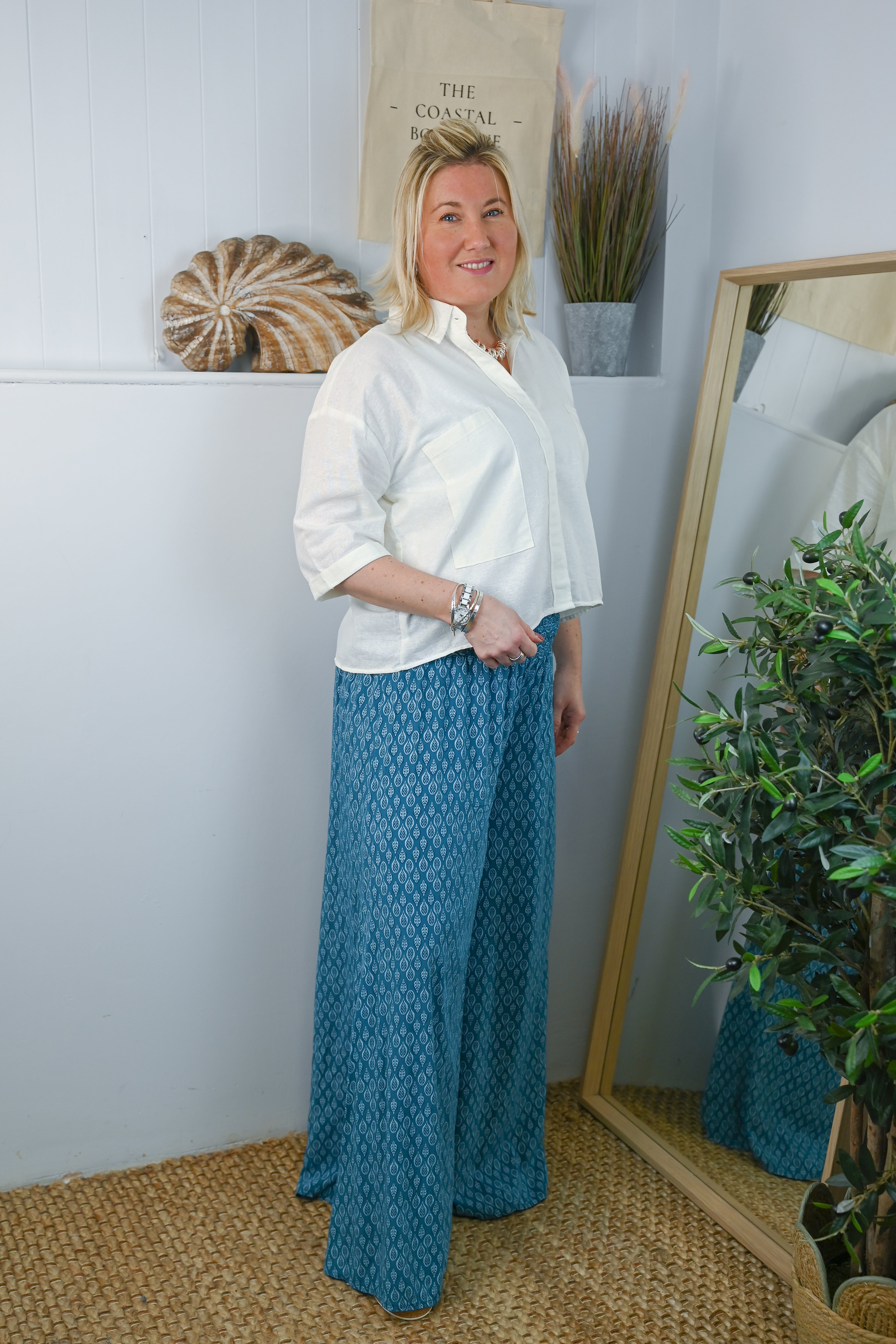 Leaf Print Super Wide Leg Palazzo Trousers - The Coastal Boutique