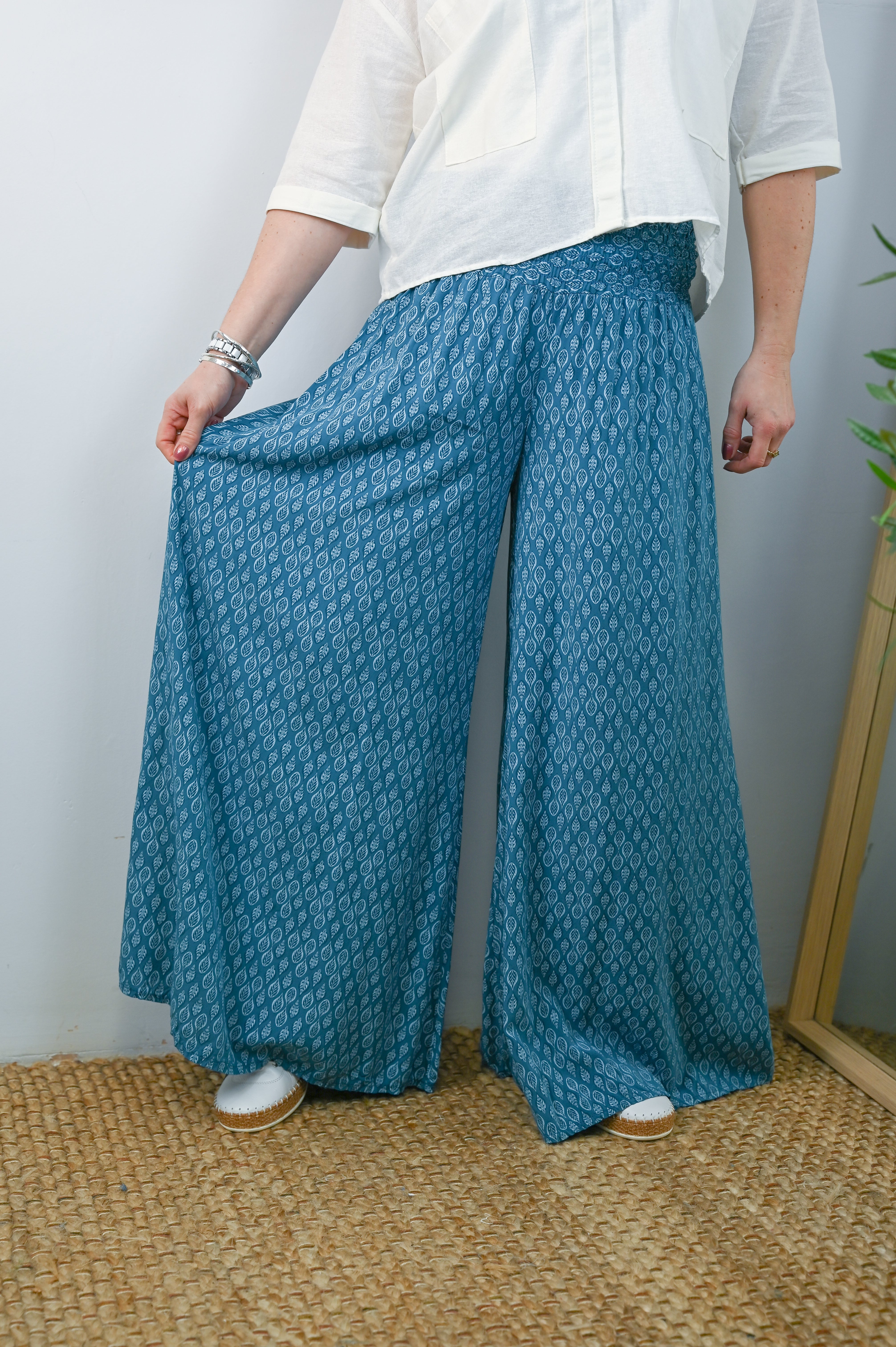 Leaf Print Super Wide Leg Palazzo Trousers - The Coastal Boutique