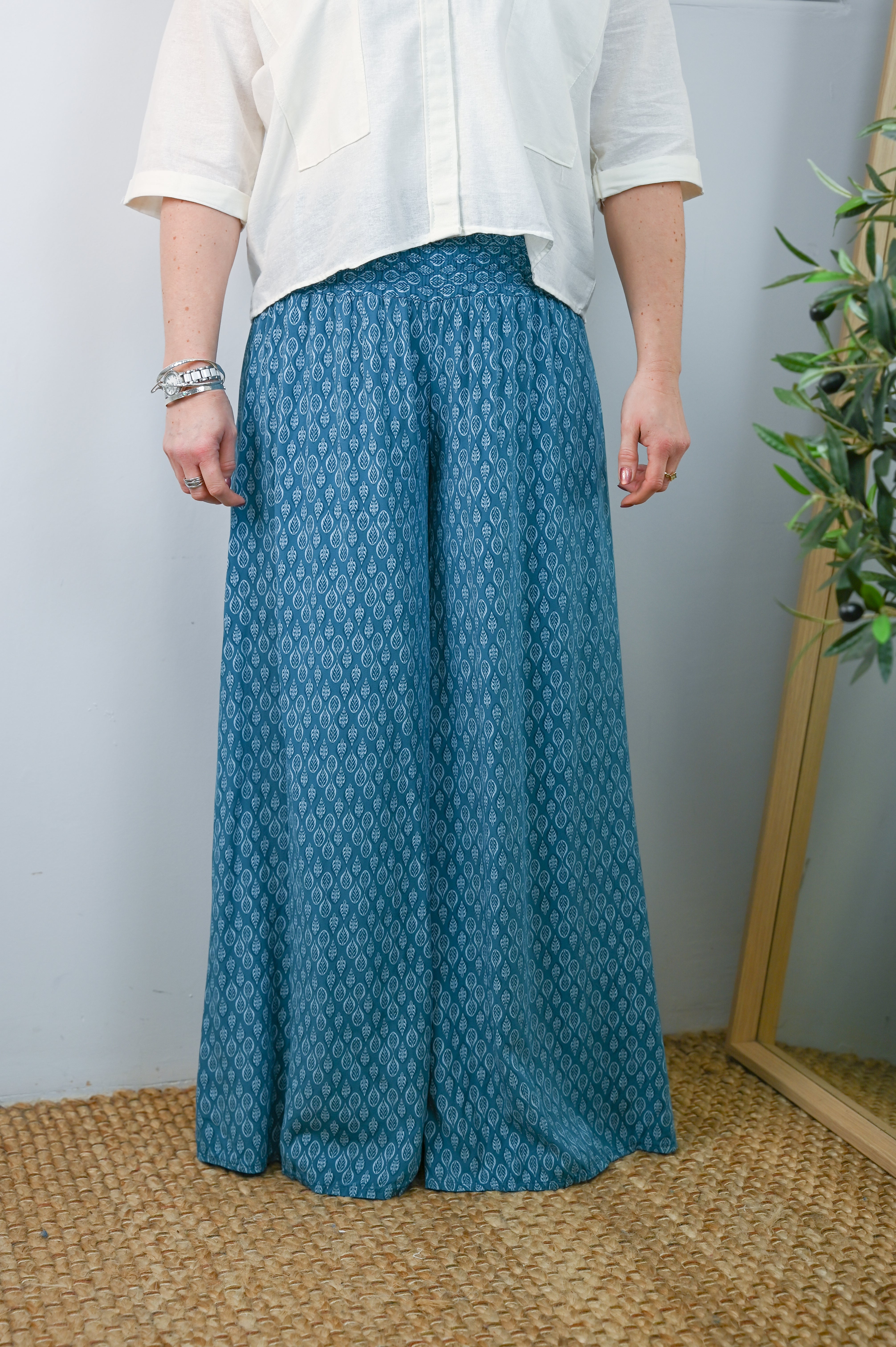 Leaf Print Super Wide Leg Palazzo Trousers - The Coastal Boutique