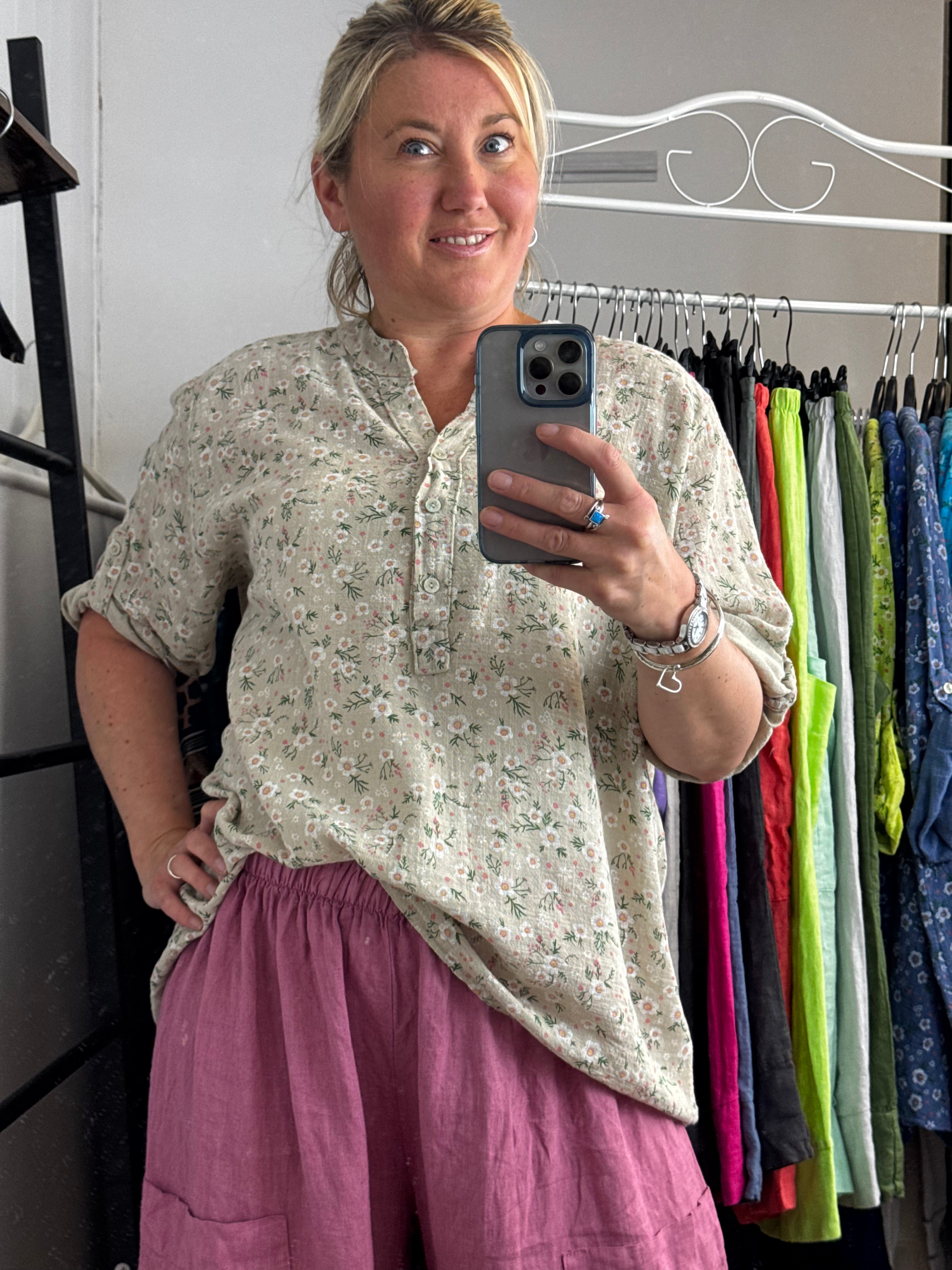 Small Flower Pattern Cotton Shirt Top
