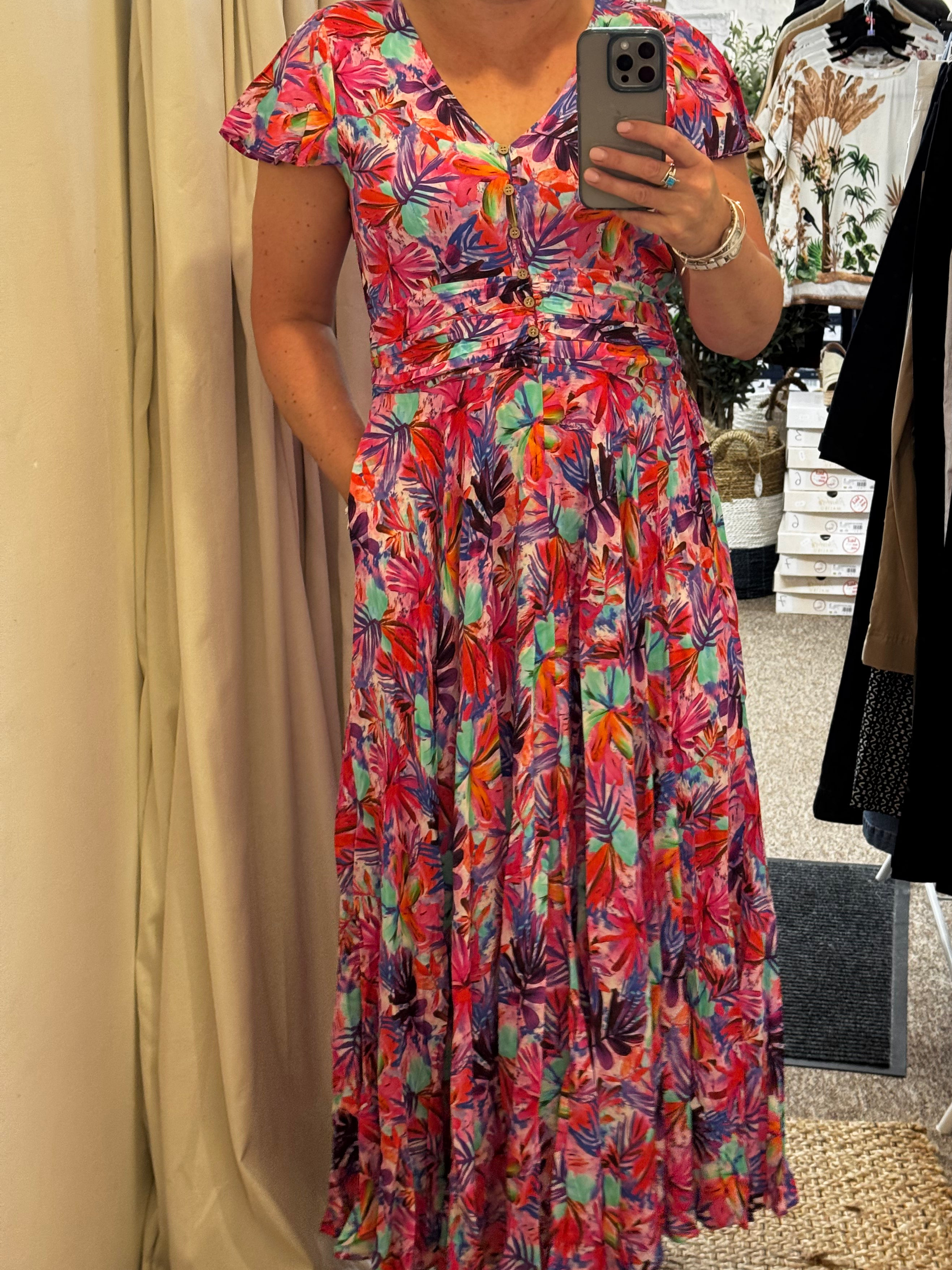 Stella London Floral Ruched Cap-Sleeve Maxi Dress – Pink - The Coastal Boutique
