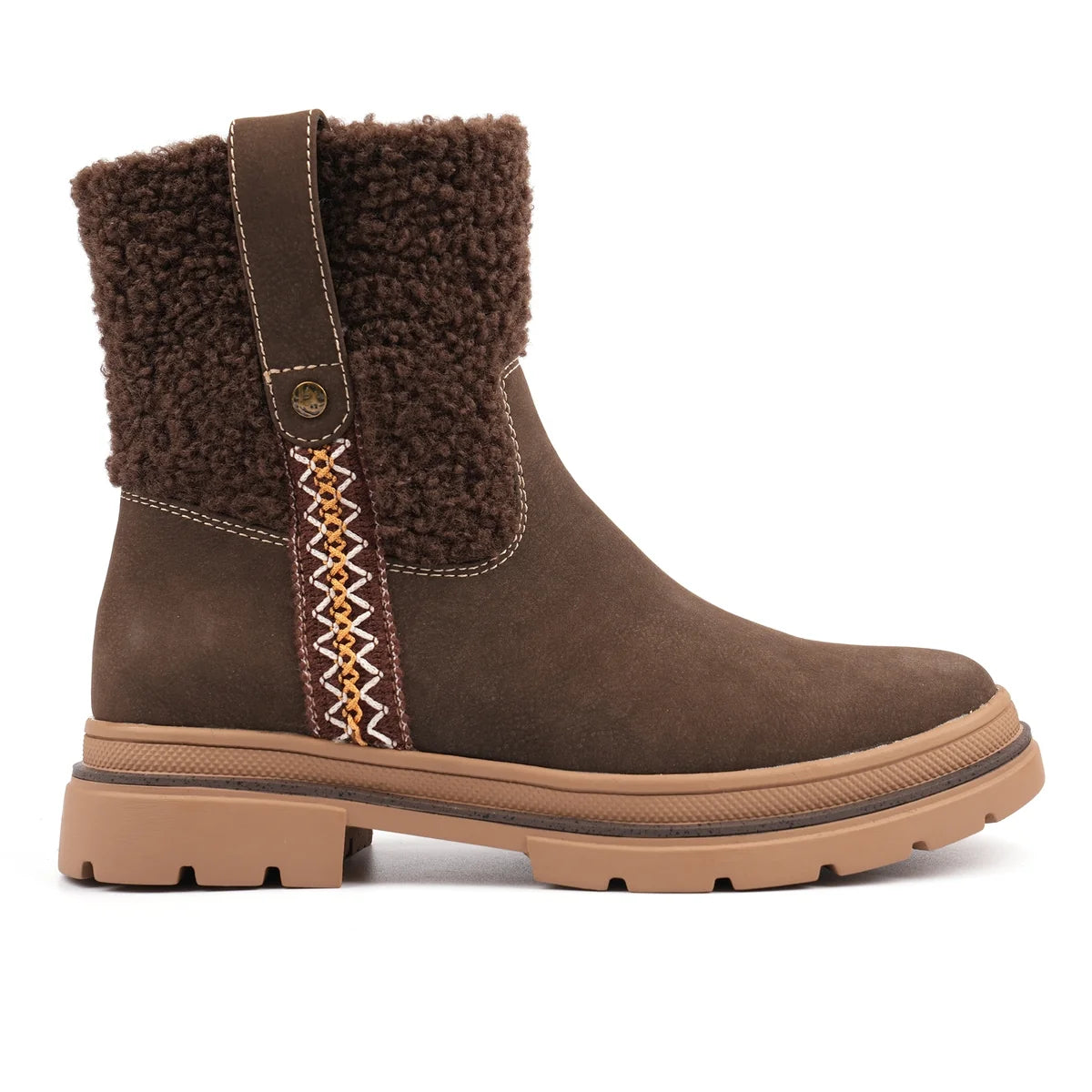 Lunar Dawn dark brown ankle boot with cosy cuff and woven trim
