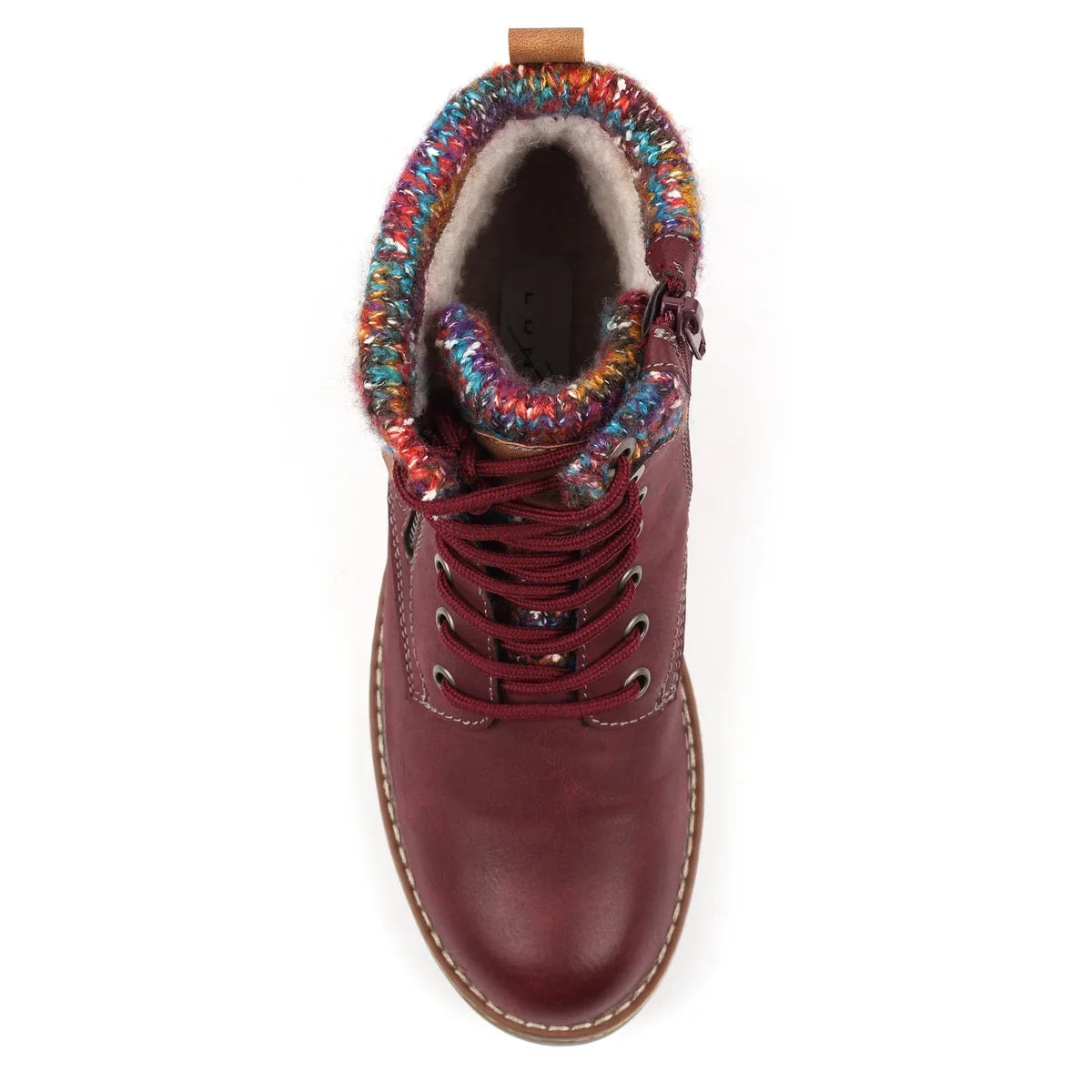 Lunar Tabasco burgundy waterproof ankle boot viewed from above
