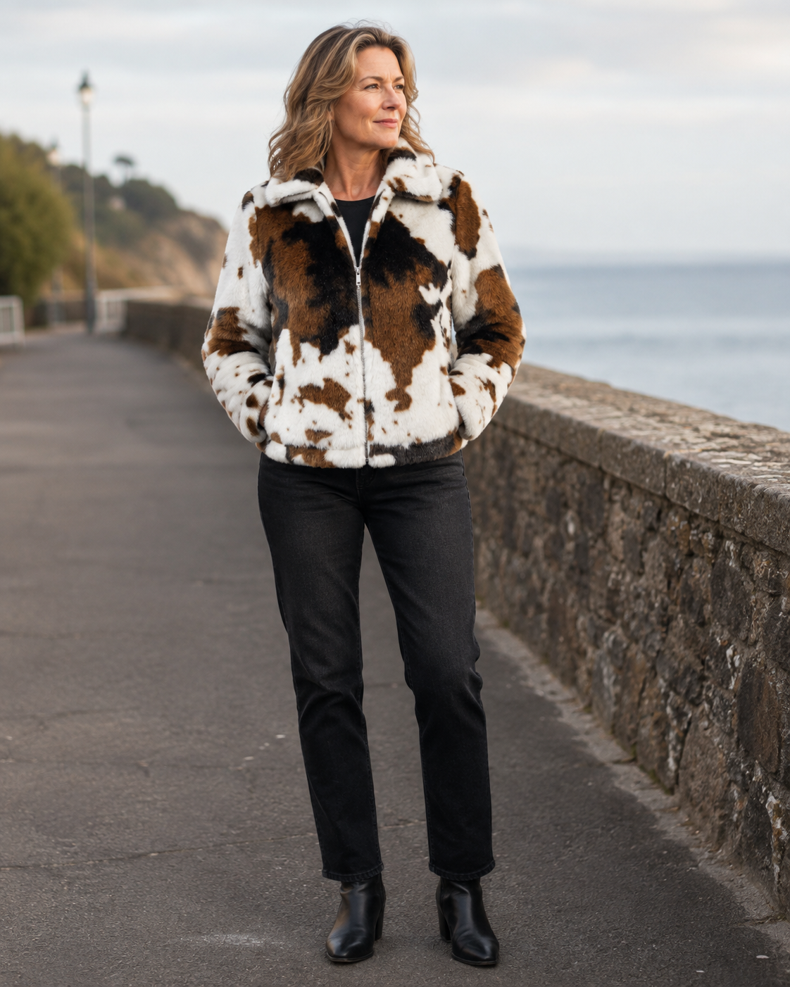 Woman in her 50s wearing the Alice Collins Connie Faux Fur Jacket by the coast