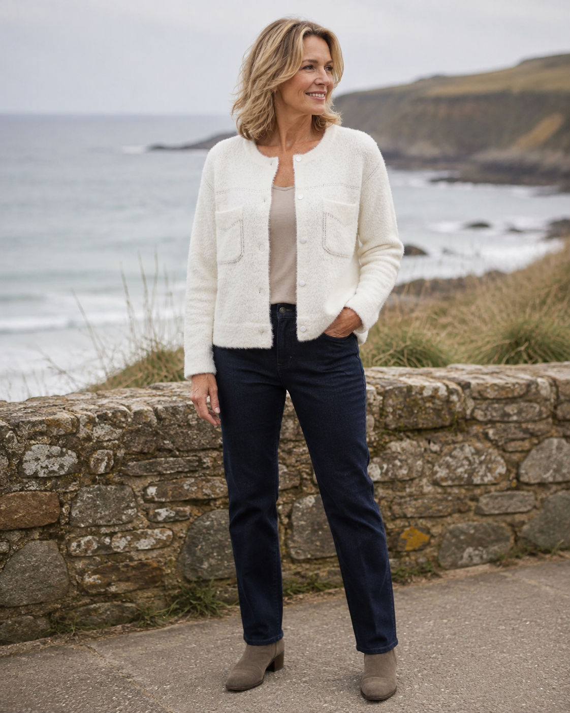 Woman in her 50s wearing the Alice Collins Sophie Knit Jacket by the coast