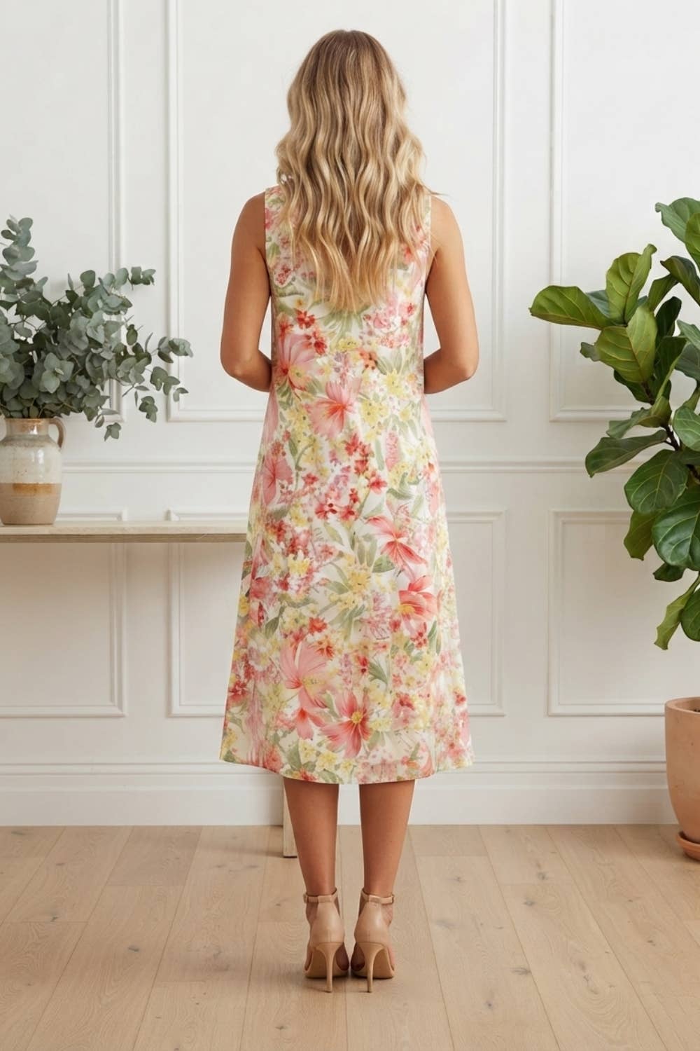 Stella London multi-white floral sleeveless midi shift dress back view