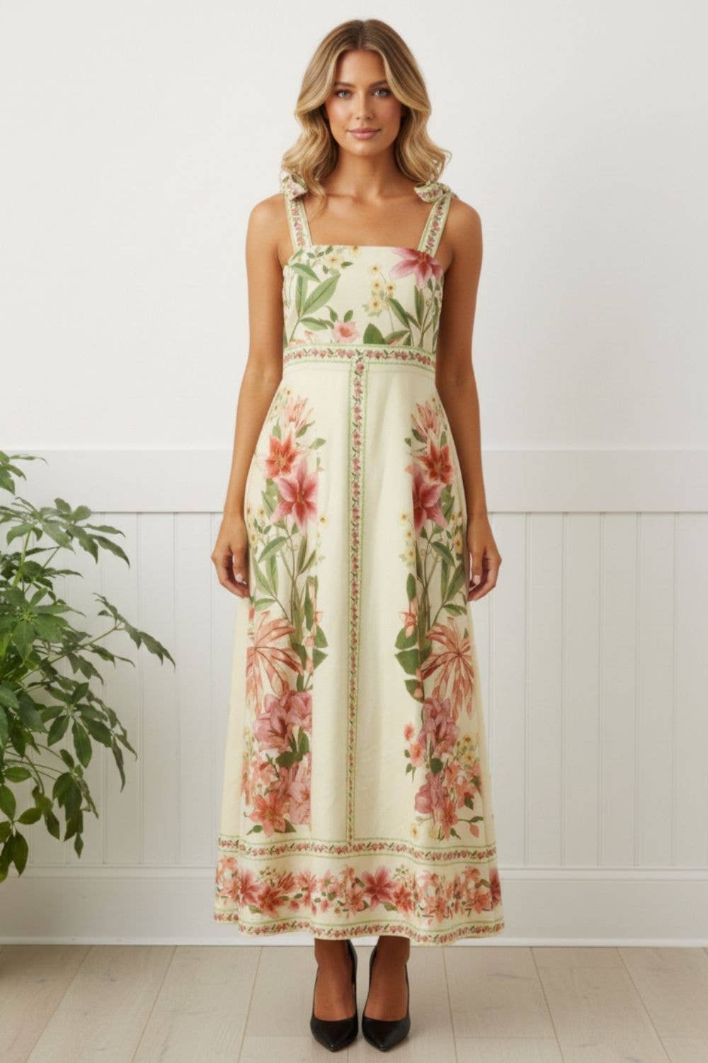 Floral border print tie strap midi dress in multi beige with square neck and A-line shape