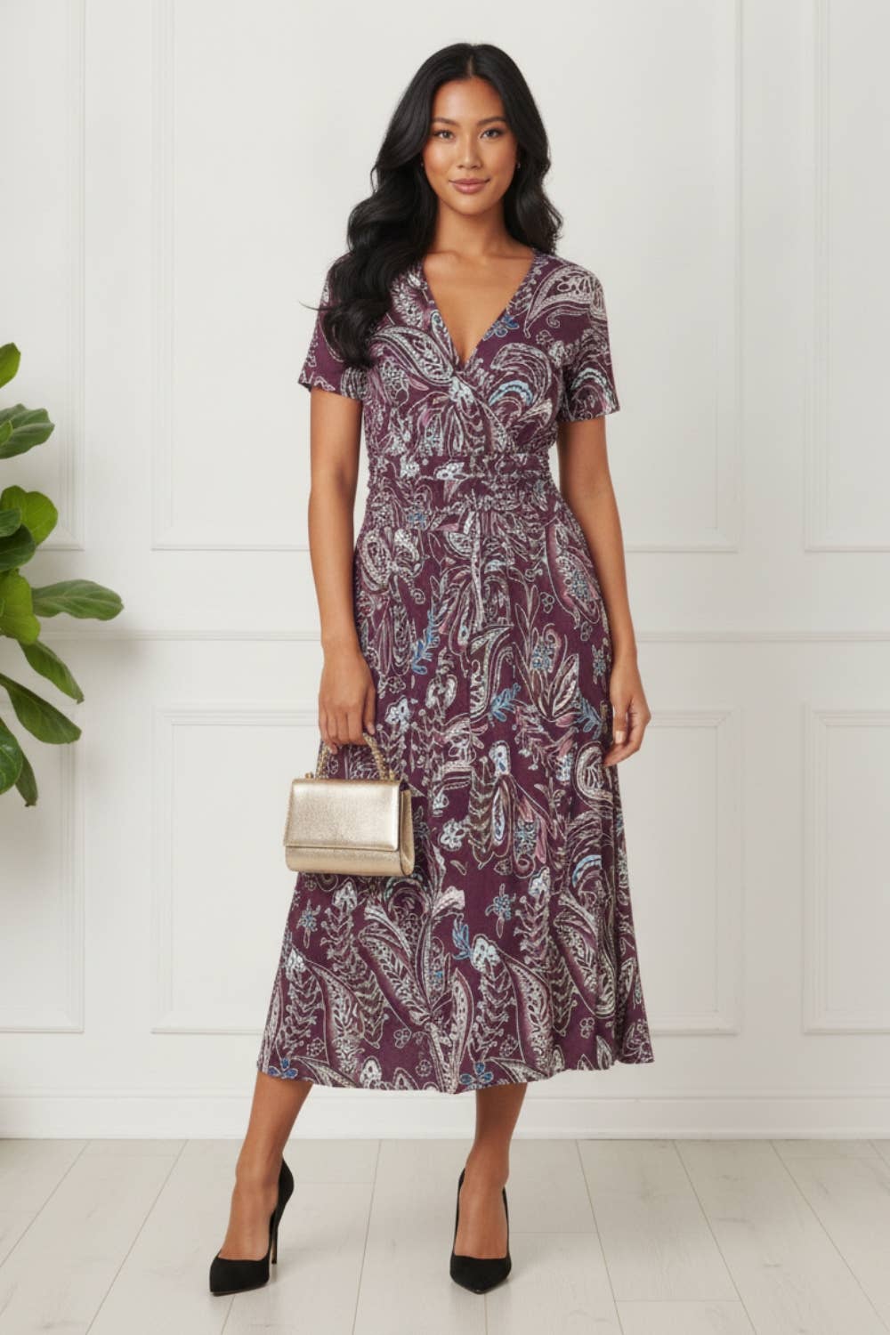 Stella London purple paisley ruched V-neck midi dress front view