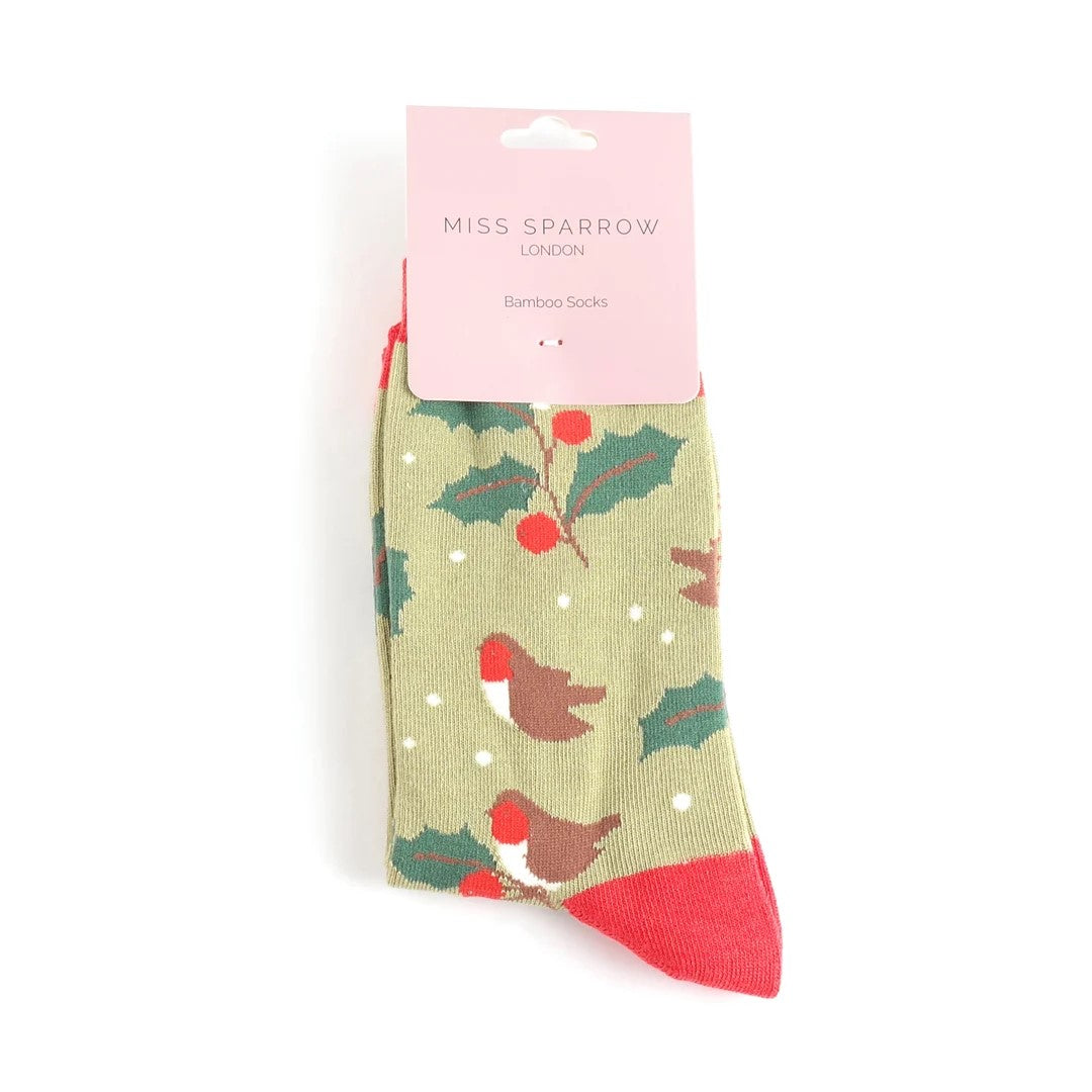 Women's Bamboo Socks - Christmas Robin Holly image 1