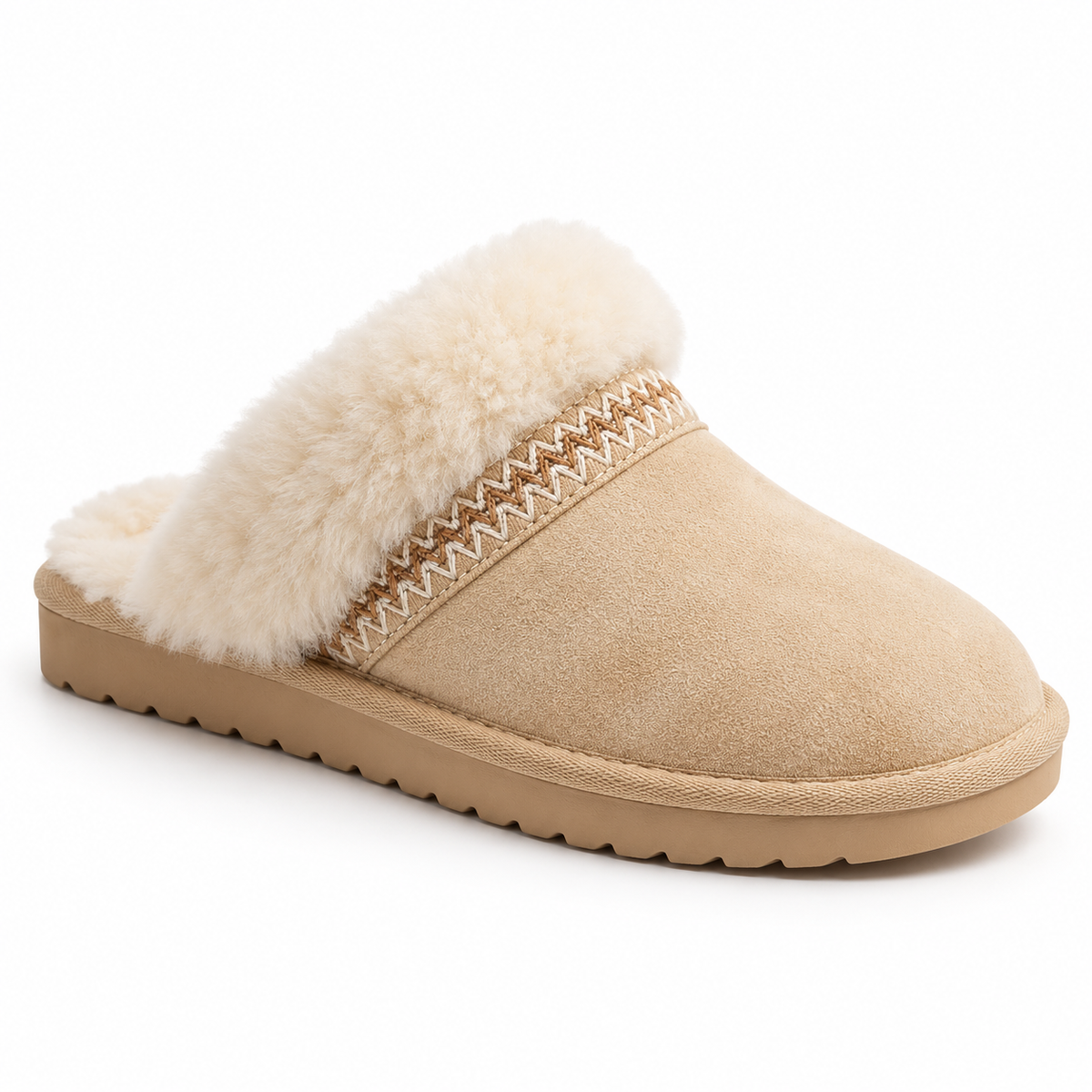 Ella Taylor beige mule slipper with cream fluffy cuff and stitched trim