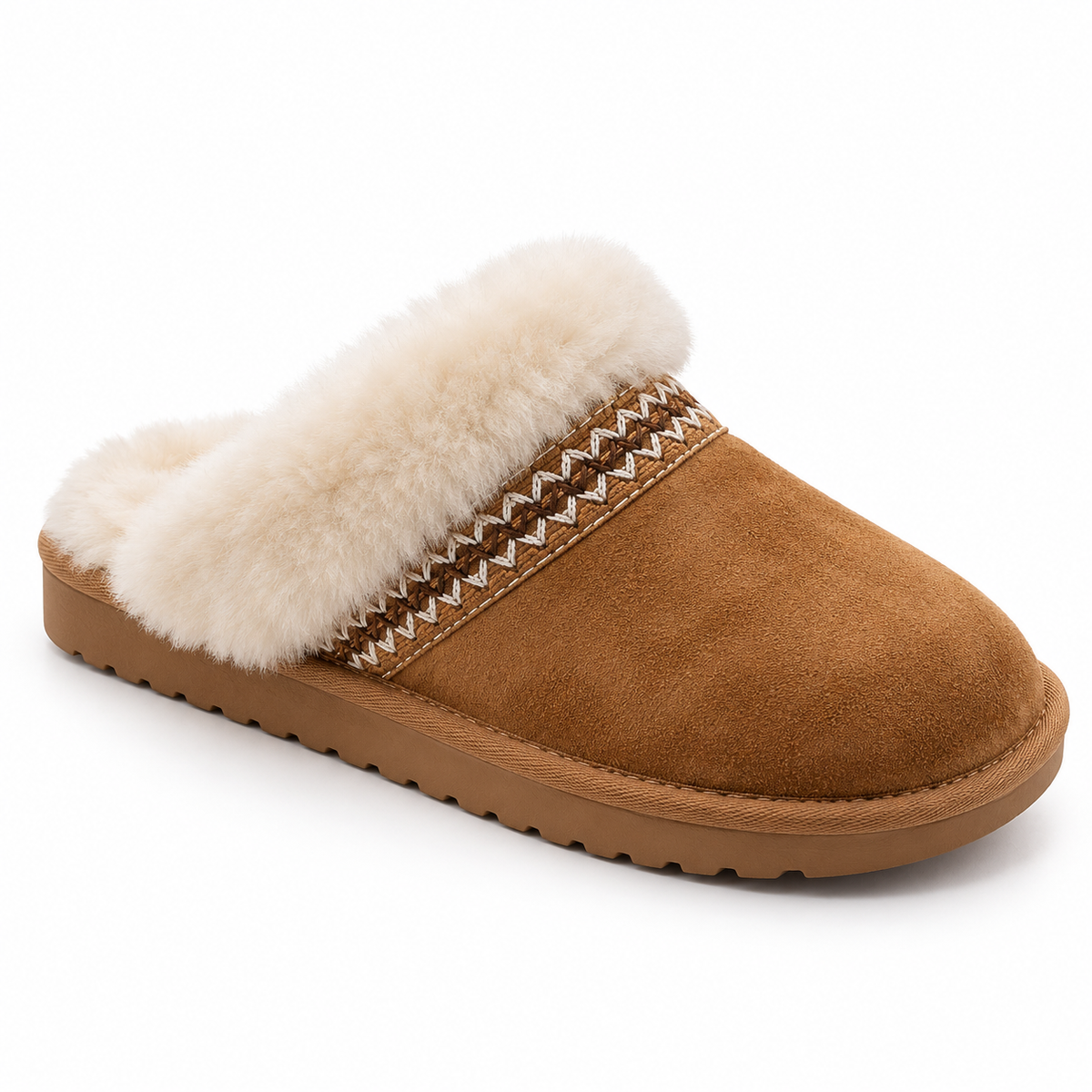 Ella Taylor chestnut mule slipper with cream fluffy cuff and stitched trim
