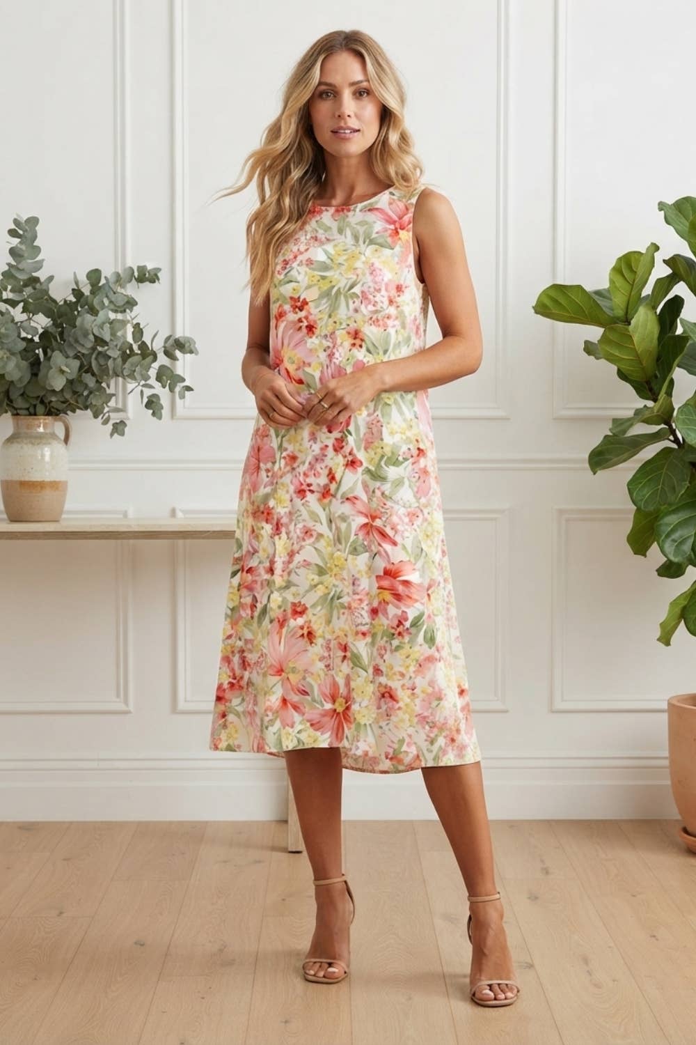 Stella London multi-white floral sleeveless midi shift dress front view