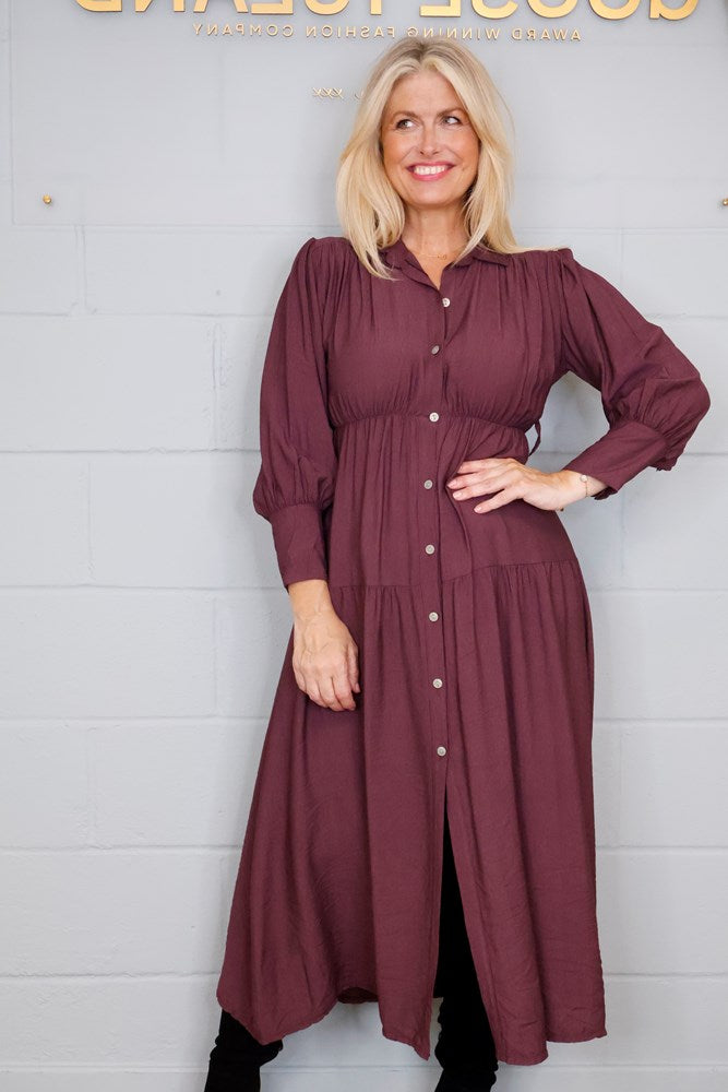 Goose Island Tiered Button Elasticated-Waist Dress in Aubergine