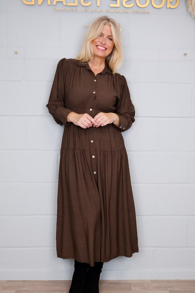 Goose Island Tiered Button Elasticated-Waist Dress in Chocolate