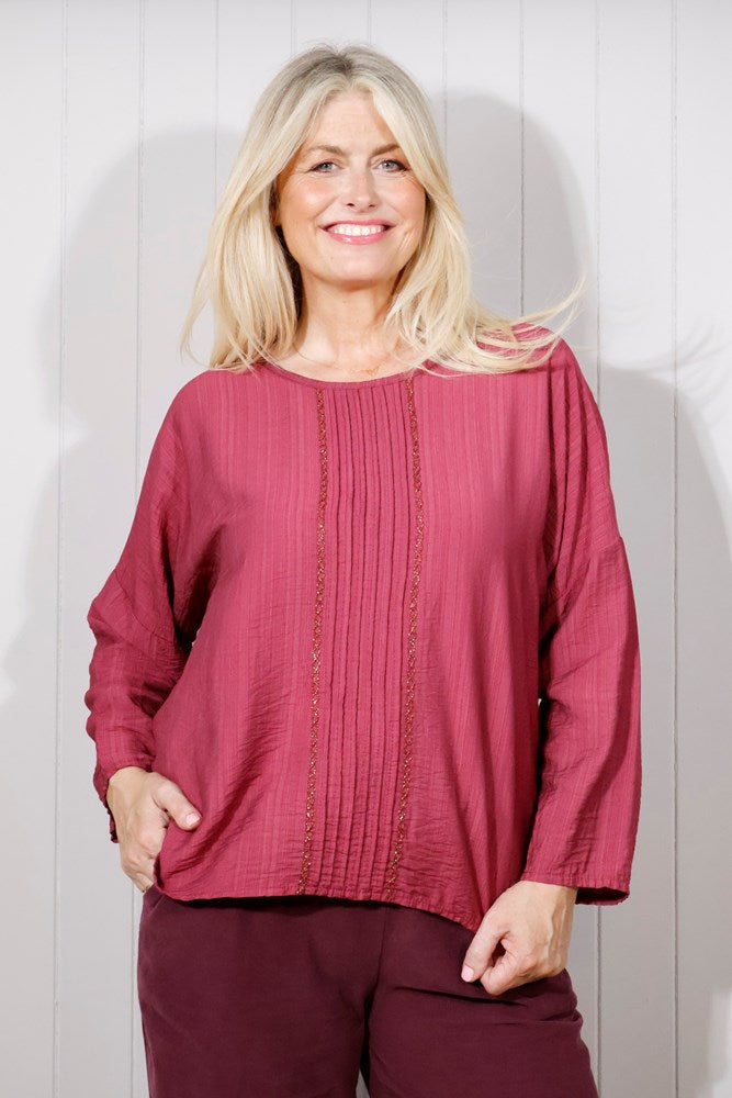 Goose Island Cross-Stitch Scoop-Neck Blouse in Wine