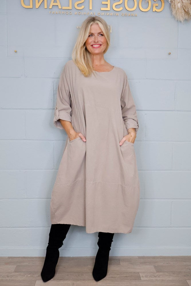 Goose Island Fine-Cord Long-Sleeved Dress in Beige