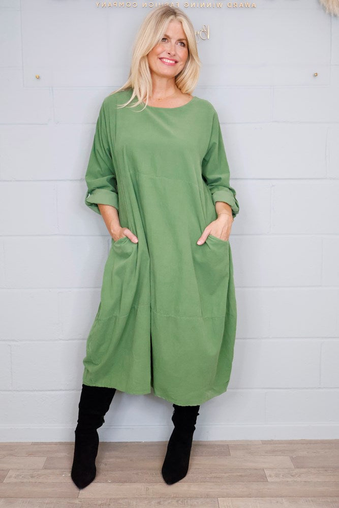 Goose Island Fine-Cord Long-Sleeved Dress in Green
