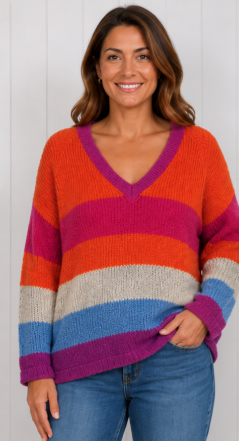 Goose Island V-Neck Woollen Multi-Striped Jumper in Orange