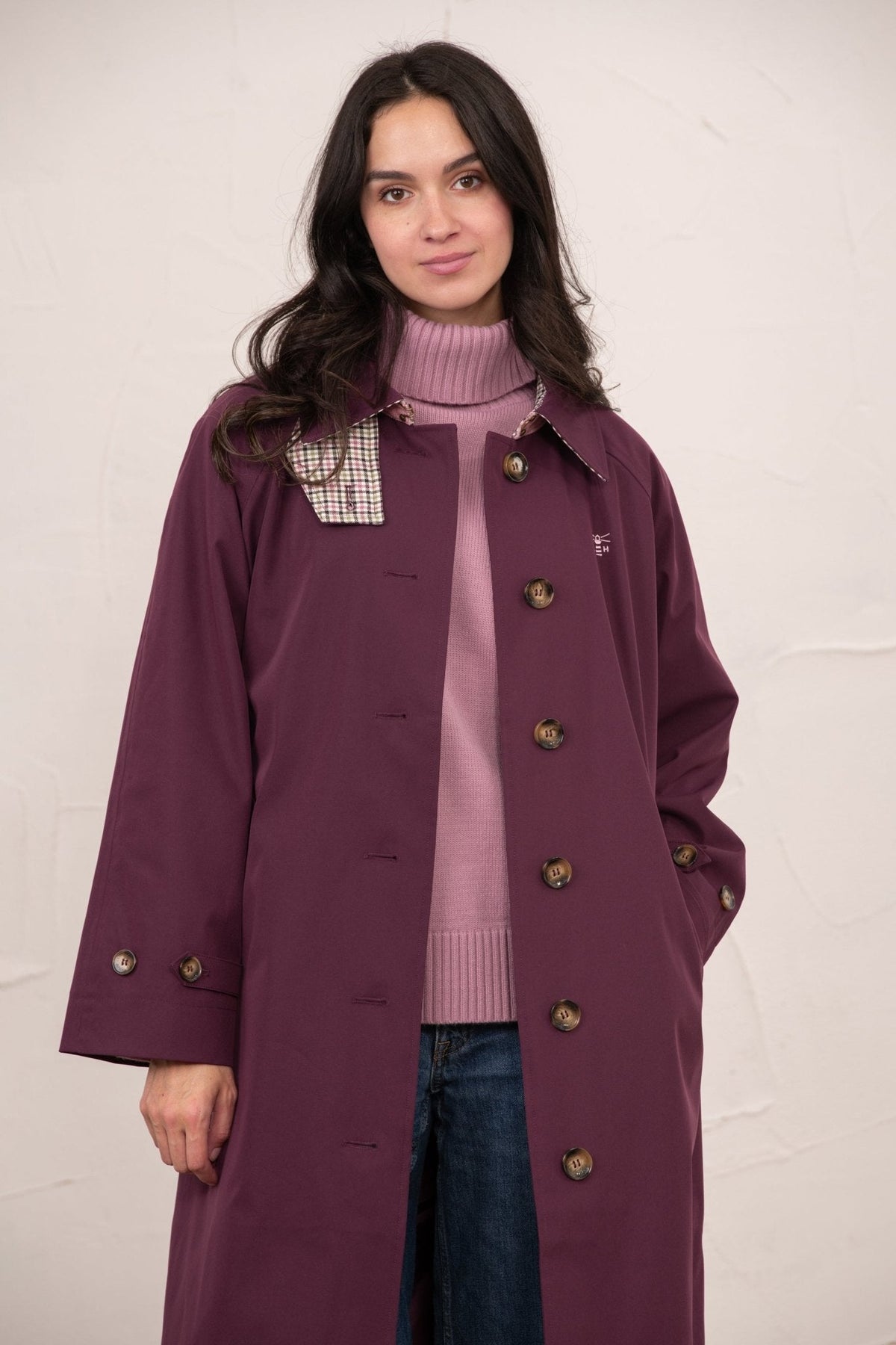 Lighthouse Harper waterproof trench coat in Damson