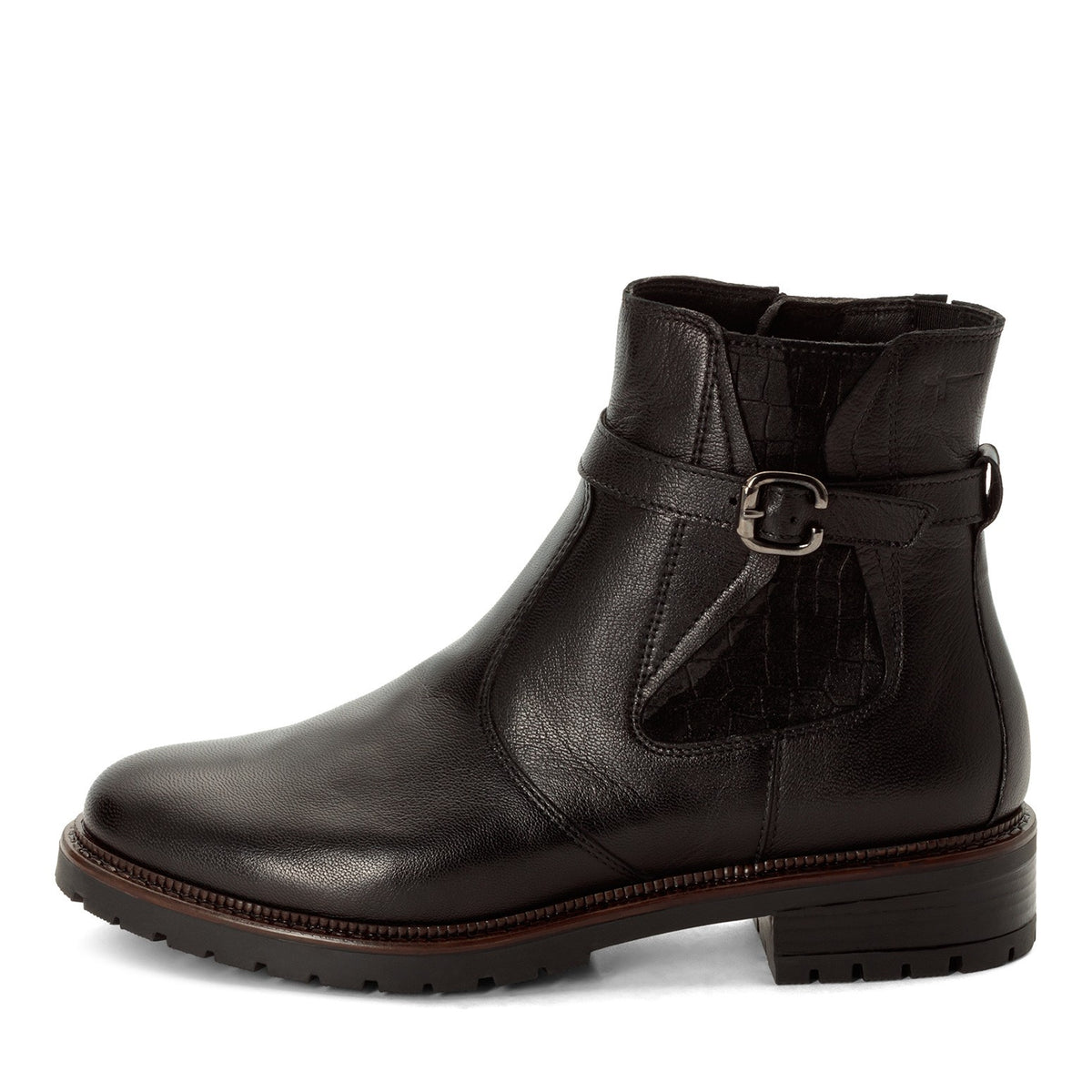 Tamaris black leather ankle boot with buckle strap, textured side panel and low block heel